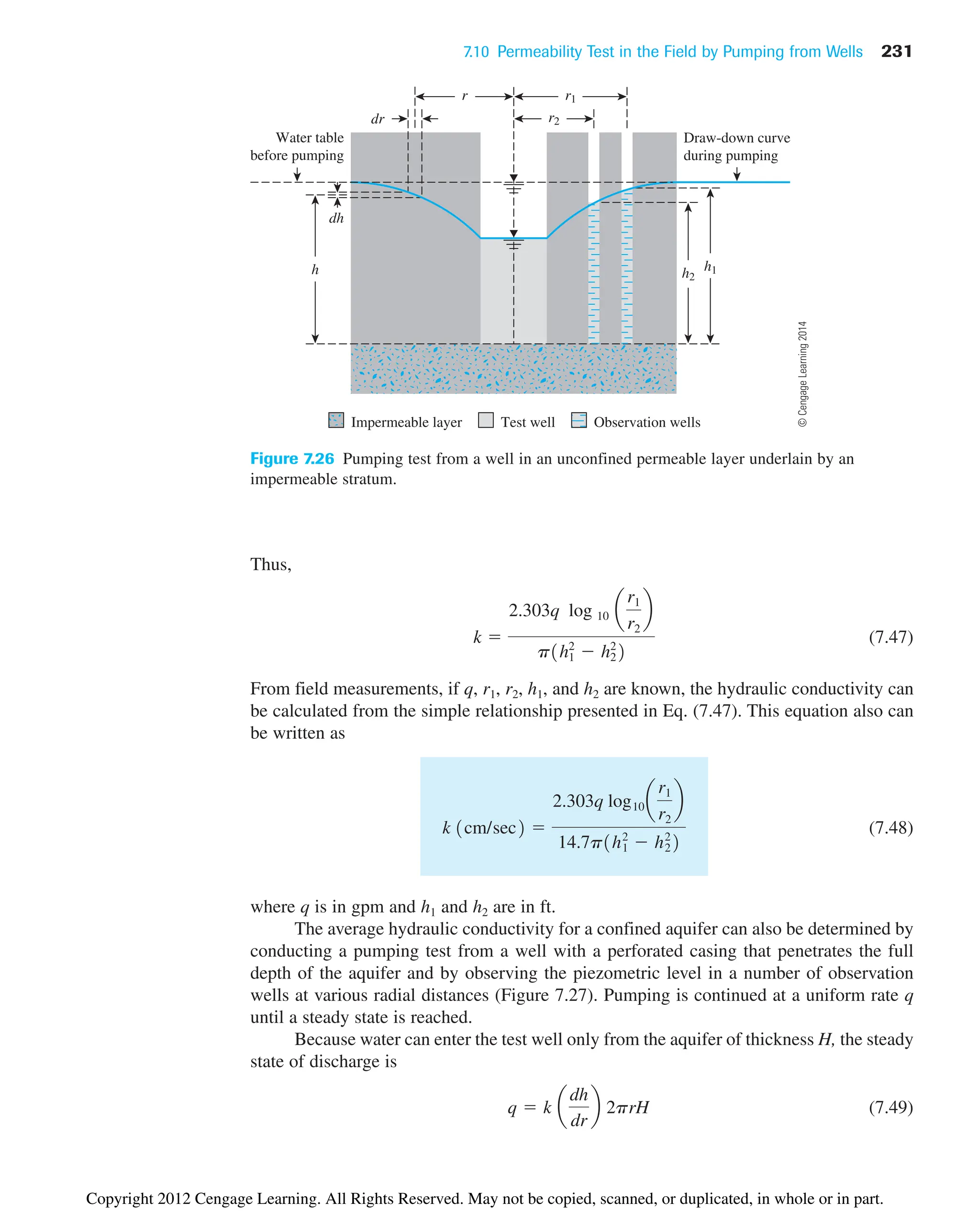 7.10 Permeability Test in the Field by Pumping from Wells 231
h2
r2
Water table
before pumping
r1
h1
h
dr
dh
r
Draw-down curve
during pumping
Impermeable layer Test well Observation wells
Figure 7.26 Pumping test from a well in an unconfined permeable layer underlain by an
impermeable stratum.
Thus,
(7.47)
From field measurements, if q, r1, r2, h1, and h2 are known, the hydraulic conductivity can
be calculated from the simple relationship presented in Eq. (7.47). This equation also can
be written as
(7.48)
where q is in gpm and h1 and h2 are in ft.
The average hydraulic conductivity for a confined aquifer can also be determined by
conducting a pumping test from a well with a perforated casing that penetrates the full
depth of the aquifer and by observing the piezometric level in a number of observation
wells at various radial distances (Figure 7.27). Pumping is continued at a uniform rate q
until a steady state is reached.
Because water can enter the test well only from the aquifer of thickness H, the steady
state of discharge is
(7.49)
q  k a
dh
dr
b 2prH
k 1cm/sec2 
2.303q log10 a
r1
r2
b
14.7p1h1
2
 h2
2
2
k 
2.303q log 10 a
r1
r2
b
p1h1
2
 h2
2
2
©
Cengage
Learning
2014
Copyright 2012 Cengage Learning. All Rights Reserved. May not be copied, scanned, or duplicated, in whole or in part.
 