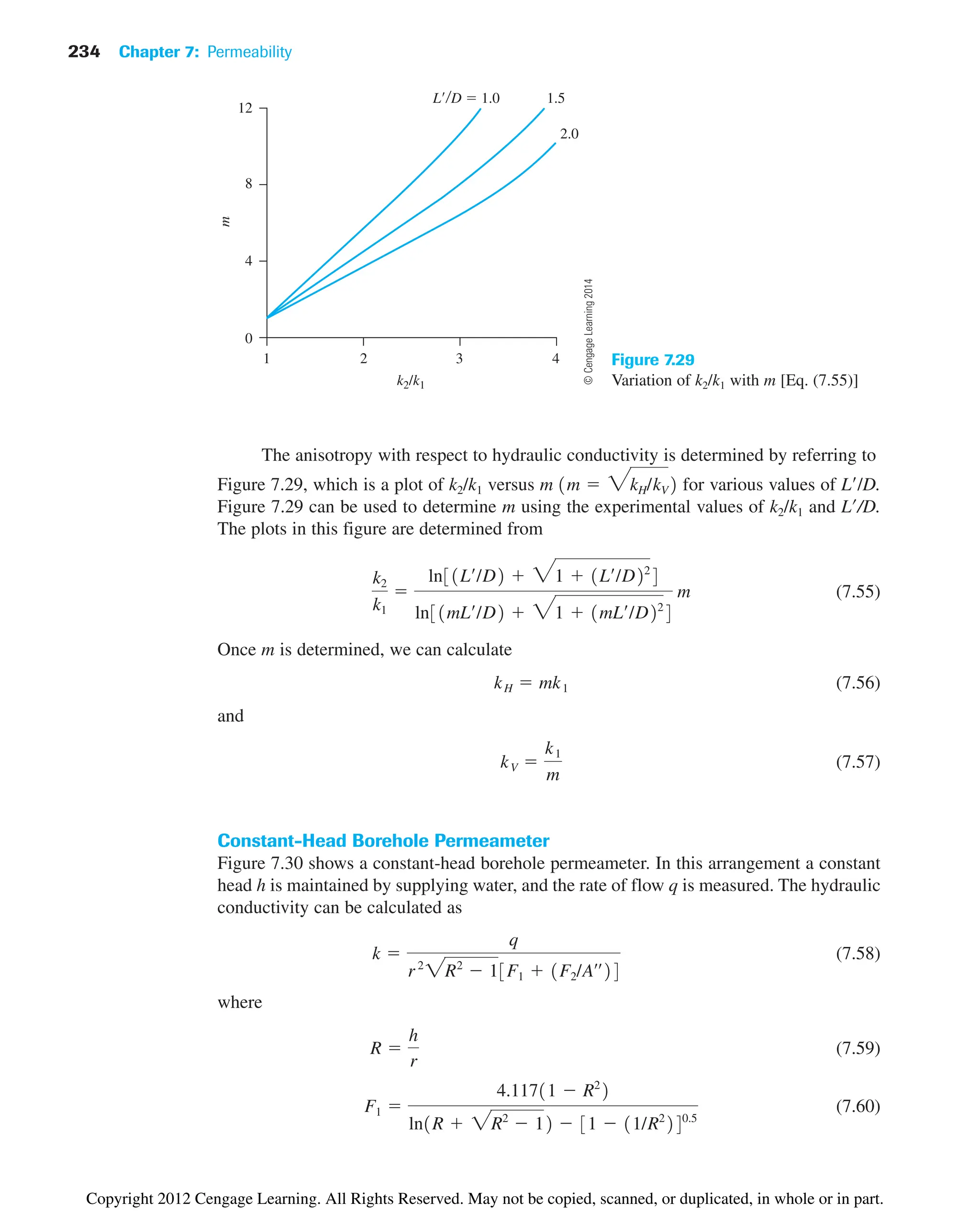 234 Chapter 7: Permeability
The anisotropy with respect to hydraulic conductivity is determined by referring to
Figure 7.29, which is a plot of k2/k1 versus for various values of L/D.
Figure 7.29 can be used to determine m using the experimental values of k2/k1 and L9/D.
The plots in this figure are determined from
(7.55)
Once m is determined, we can calculate
(7.56)
and
(7.57)
Constant-Head Borehole Permeameter
Figure 7.30 shows a constant-head borehole permeameter. In this arrangement a constant
head h is maintained by supplying water, and the rate of flow q is measured. The hydraulic
conductivity can be calculated as
(7.58)
where
(7.59)
(7.60)
F1 
4.11711  R2
2
ln1R  2R2
 12  31  11/R2
240.5
R 
h
r
k 
q
r2
2R2
 13F1  1F2/Aœœ
24
kV 
k1
m
kH  mk1
k2
k1

ln31L¿/D2  31  1L¿/D22
4
ln31mL¿/D2  31  1mL¿/D22
4
m
m 1m  3kH/kV2
1
0
4
8
12
2
1.5
L D  1.0
2.0
3 4
k2/k1
m
Figure 7.29
Variation of k2/k1 with m [Eq. (7.55)]
©
Cengage
Learning
2014
Copyright 2012 Cengage Learning. All Rights Reserved. May not be copied, scanned, or duplicated, in whole or in part.
 