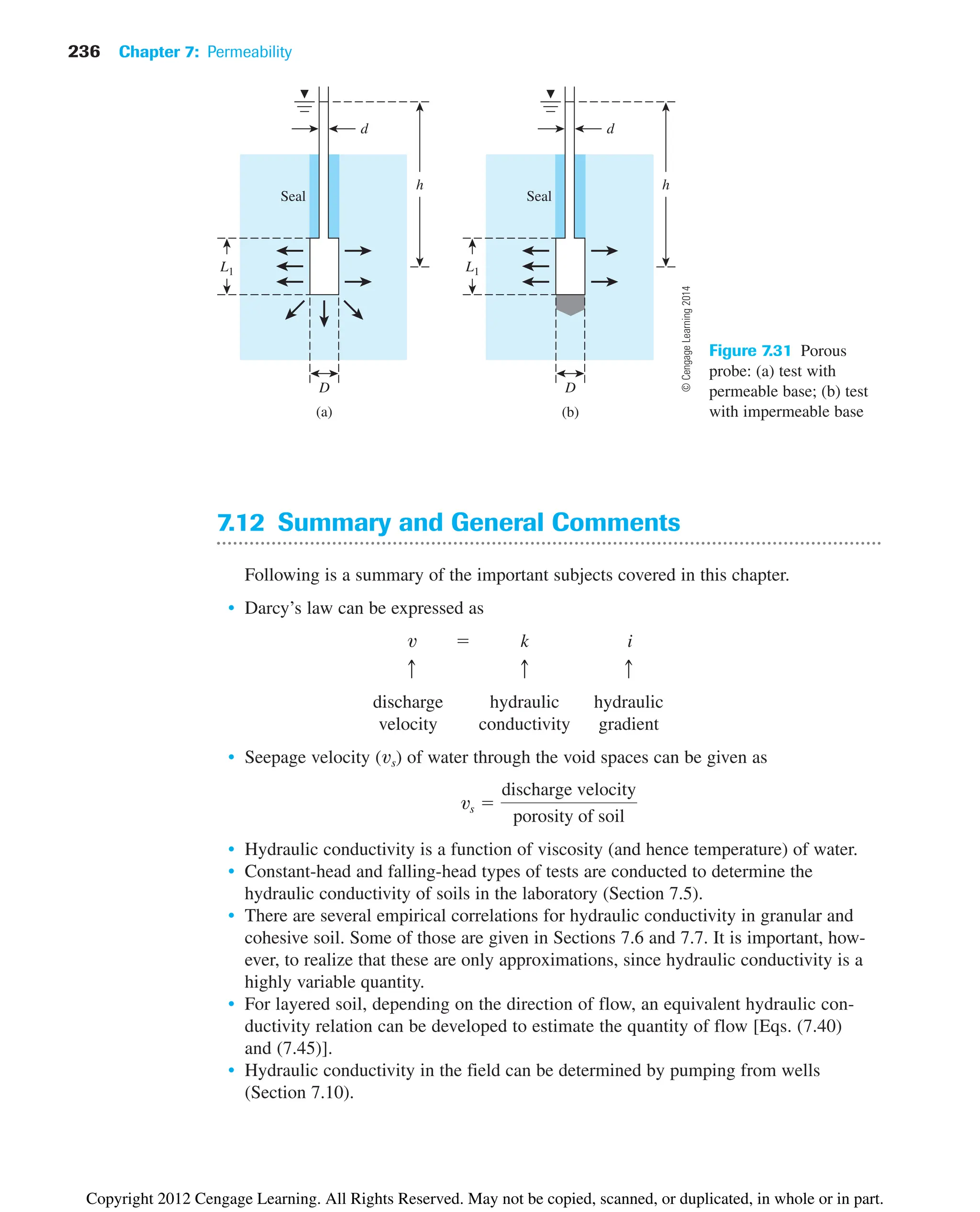 236 Chapter 7: Permeability
7.12 Summary and General Comments
Following is a summary of the important subjects covered in this chapter.
• Darcy’s law can be expressed as
discharge hydraulic hydraulic
velocity conductivity gradient
• Seepage velocity (vs) of water through the void spaces can be given as
• Hydraulic conductivity is a function of viscosity (and hence temperature) of water.
• Constant-head and falling-head types of tests are conducted to determine the
hydraulic conductivity of soils in the laboratory (Section 7.5).
• There are several empirical correlations for hydraulic conductivity in granular and
cohesive soil. Some of those are given in Sections 7.6 and 7.7. It is important, how-
ever, to realize that these are only approximations, since hydraulic conductivity is a
highly variable quantity.
• For layered soil, depending on the direction of flow, an equivalent hydraulic con-
ductivity relation can be developed to estimate the quantity of flow [Eqs. (7.40)
and (7.45)].
• Hydraulic conductivity in the field can be determined by pumping from wells
(Section 7.10).
vs 
discharge velocity
porosity of soil
c
c
c
i
k

v
d
(a) (b)
h
L1 L1
Seal
D D
Seal
d
h
Figure 7.31 Porous
probe: (a) test with
permeable base; (b) test
with impermeable base
©
Cengage
Learning
2014
Copyright 2012 Cengage Learning. All Rights Reserved. May not be copied, scanned, or duplicated, in whole or in part.
 