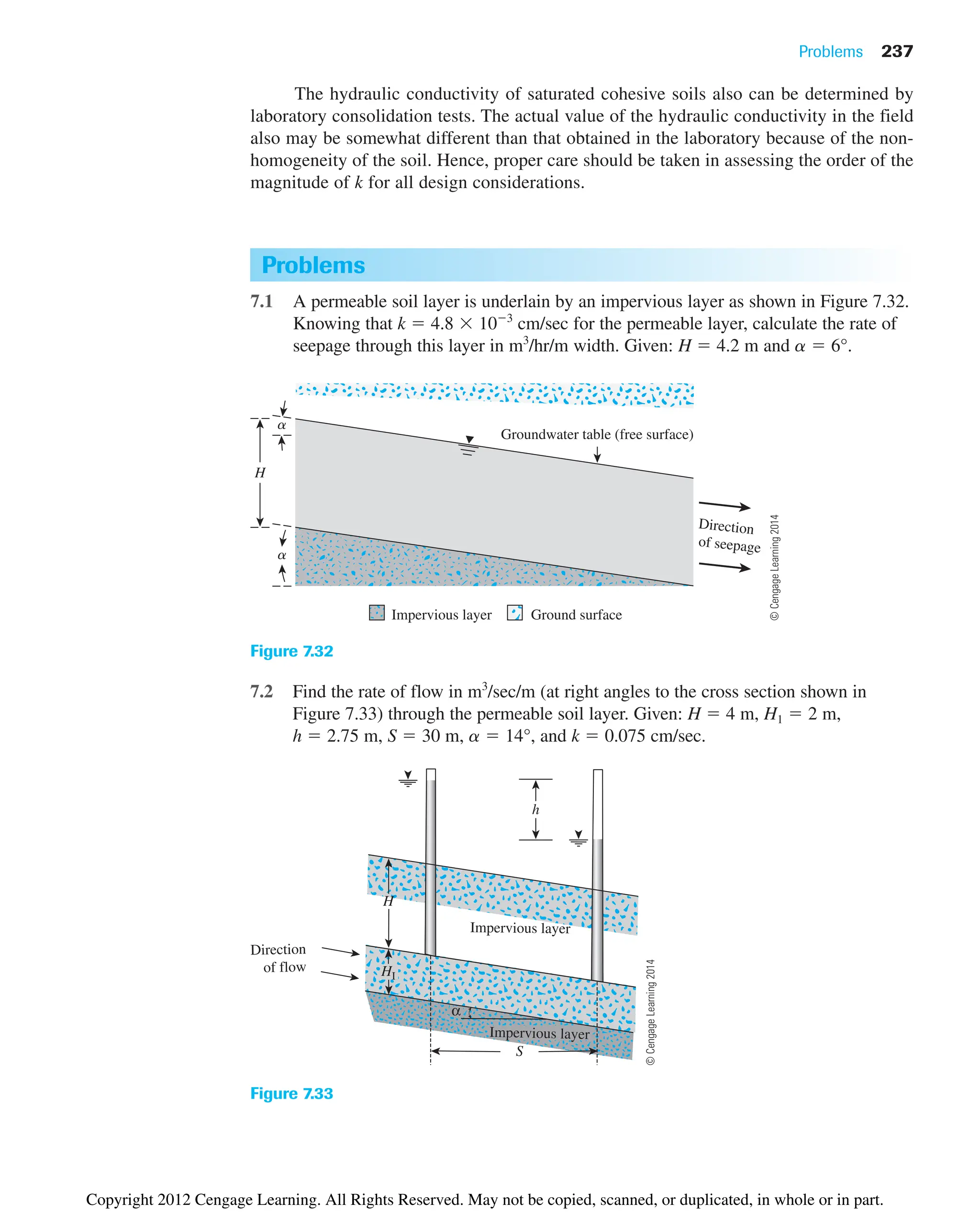Impervious layer Ground surface
Groundwater table (free surface)
Direction
of seepage
H
a
a
Figure 7.32
h
H
Impervious layer
Direction
of flow
S
HI
Impervious layer
α
Figure 7.33
Problems 237
The hydraulic conductivity of saturated cohesive soils also can be determined by
laboratory consolidation tests. The actual value of the hydraulic conductivity in the field
also may be somewhat different than that obtained in the laboratory because of the non-
homogeneity of the soil. Hence, proper care should be taken in assessing the order of the
magnitude of k for all design considerations.
Problems
7.1 A permeable soil layer is underlain by an impervious layer as shown in Figure 7.32.
Knowing that k  4.8 103
cm/sec for the permeable layer, calculate the rate of
seepage through this layer in m3
/hr/m width. Given: H  4.2 m and a  6°.
7.2 Find the rate of flow in m3
/sec/m (at right angles to the cross section shown in
Figure 7.33) through the permeable soil layer. Given: H  4 m, H1  2 m,
h  2.75 m, S  30 m, a  14°, and k  0.075 cm/sec.
©
Cengage
Learning
2014
©
Cengage
Learning
2014
Copyright 2012 Cengage Learning. All Rights Reserved. May not be copied, scanned, or duplicated, in whole or in part.
 