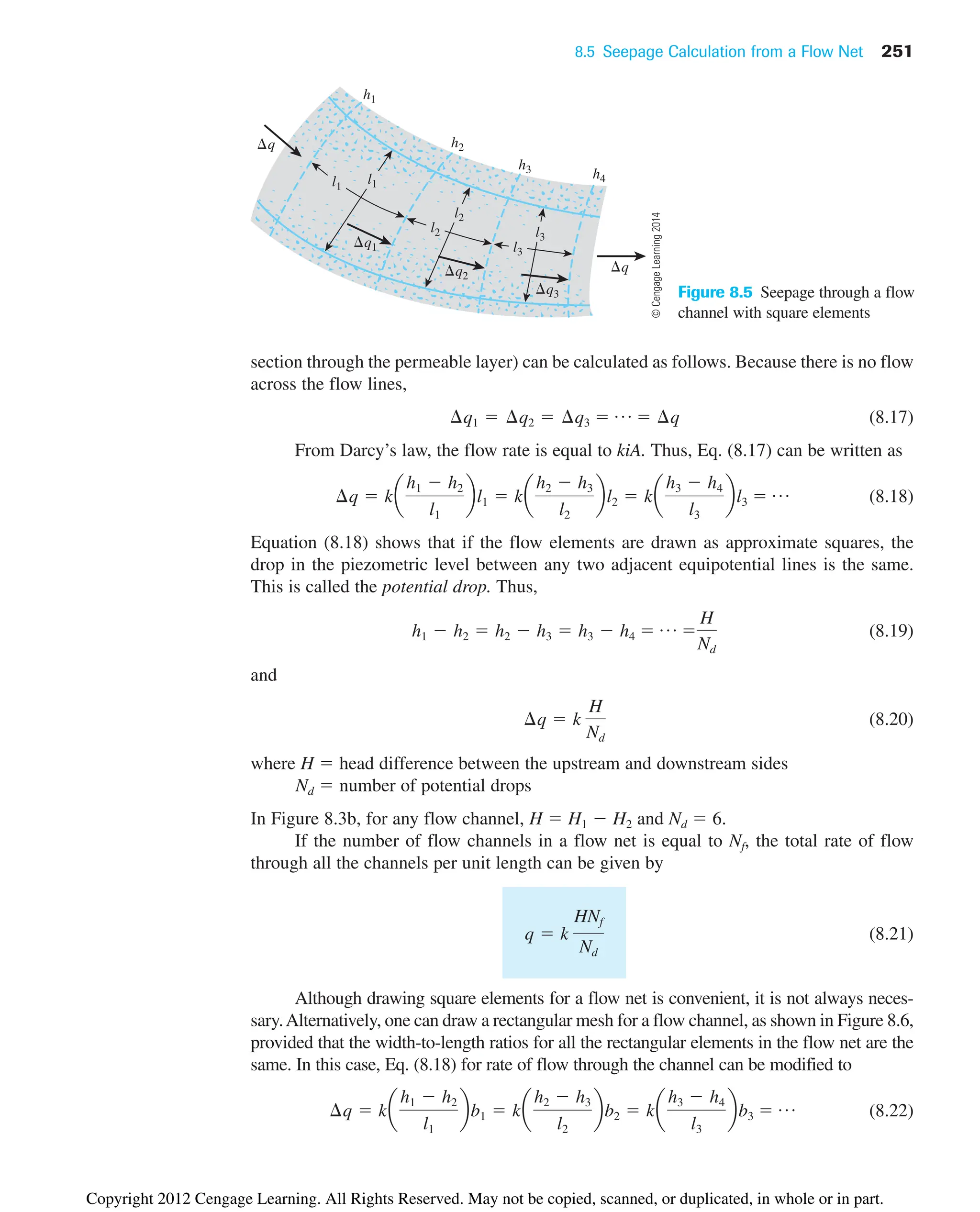 8.5 Seepage Calculation from a Flow Net 251
h1
h2
h3 h4
q
l3
l2
l1
q
q2
q3
q1
l3
l2
l1
Figure 8.5 Seepage through a flow
channel with square elements
section through the permeable layer) can be calculated as follows. Because there is no flow
across the flow lines,
(8.17)
From Darcy’s law, the flow rate is equal to kiA. Thus, Eq. (8.17) can be written as
(8.18)
Equation (8.18) shows that if the flow elements are drawn as approximate squares, the
drop in the piezometric level between any two adjacent equipotential lines is the same.
This is called the potential drop. Thus,
(8.19)
and
(8.20)
where H  head difference between the upstream and downstream sides
Nd  number of potential drops
In Figure 8.3b, for any flow channel, H  H1  H2 and Nd  6.
If the number of flow channels in a flow net is equal to Nf, the total rate of flow
through all the channels per unit length can be given by
(8.21)
Although drawing square elements for a flow net is convenient, it is not always neces-
sary.Alternatively, one can draw a rectangular mesh for a flow channel, as shown in Figure 8.6,
provided that the width-to-length ratios for all the rectangular elements in the flow net are the
same. In this case, Eq. (8.18) for rate of flow through the channel can be modified to
(8.22)
¢q  ka
h1  h2
l1
bb1  ka
h2  h3
l2
bb2  ka
h3  h4
l3
bb3  p
q  k
HNf
Nd
¢q  k
H
Nd
h1  h2  h2  h3  h3  h4  p 
H
Nd
¢q  ka
h1  h2
l1
bl1  ka
h2  h3
l2
bl2  ka
h3  h4
l3
bl3  p
¢q1  ¢q2  ¢q3  p  ¢q
©
Cengage
Learning
2014
Copyright 2012 Cengage Learning. All Rights Reserved. May not be copied, scanned, or duplicated, in whole or in part.
 