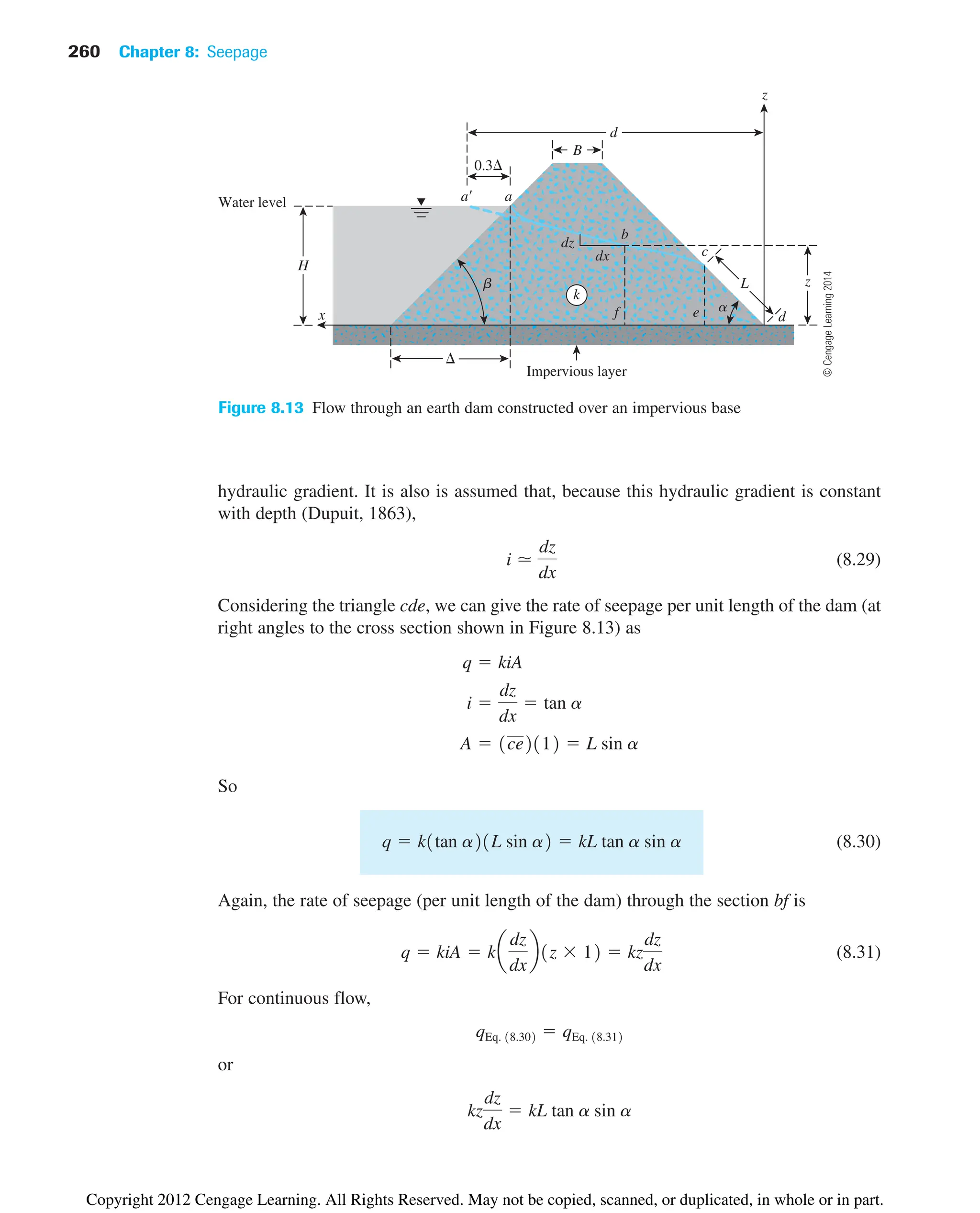 260 Chapter 8: Seepage
Impervious layer
x
z
H
Water level
B
d
0.3
a
a
L
d
c
b
f
b
a
dz
dx
e
z

k
Figure 8.13 Flow through an earth dam constructed over an impervious base
hydraulic gradient. It is also is assumed that, because this hydraulic gradient is constant
with depth (Dupuit, 1863),
(8.29)
Considering the triangle cde, we can give the rate of seepage per unit length of the dam (at
right angles to the cross section shown in Figure 8.13) as
So
(8.30)
Again, the rate of seepage (per unit length of the dam) through the section bf is
(8.31)
For continuous flow,
or
kz
dz
dx
 kL tan a sin a
qEq. 18.302  qEq. 18.312
q  kiA  ka
dz
dx
b1z  12  kz
dz
dx
q  k1tan a21L sin a2  kL tan a sin a
A  1ce2112  L sin a
i 
dz
dx
 tan a
q  kiA
i ⯝
dz
dx
©
Cengage
Learning
2014
Copyright 2012 Cengage Learning. All Rights Reserved. May not be copied, scanned, or duplicated, in whole or in part.
 
