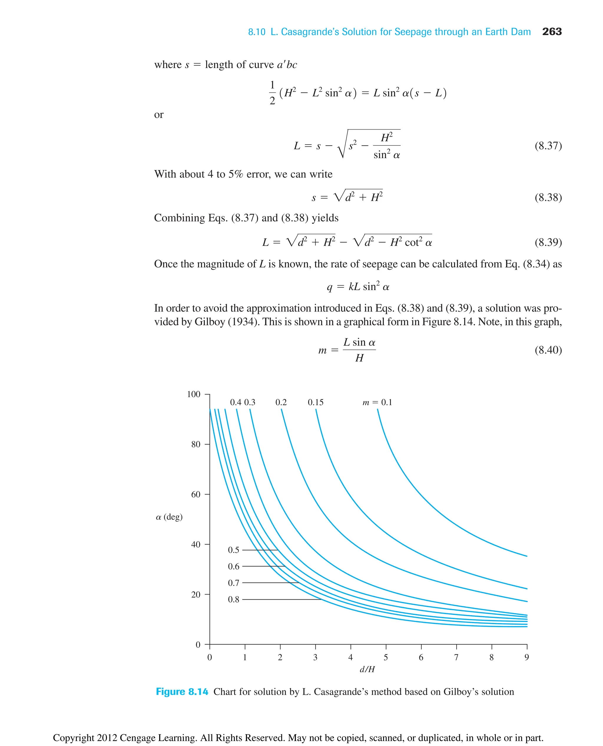 8.10 L. Casagrande’s Solution for Seepage through an Earth Dam 263
100
80
60
40
20
0
0 1 2 3 4 5 6 7 8 9
a (deg)
d/H
m  0.1
0.15
0.2
0.3
0.4
0.5
0.6
0.7
0.8
Figure 8.14 Chart for solution by L. Casagrande’s method based on Gilboy’s solution
where s  length of curve abc
or
(8.37)
With about 4 to 5% error, we can write
(8.38)
Combining Eqs. (8.37) and (8.38) yields
(8.39)
Once the magnitude of L is known, the rate of seepage can be calculated from Eq. (8.34) as
In order to avoid the approximation introduced in Eqs. (8.38) and (8.39), a solution was pro-
vided by Gilboy (1934). This is shown in a graphical form in Figure 8.14. Note, in this graph,
(8.40)
m 
L sin a
H
q  kL sin2
a
L  2d2
 H2
 2d2
 H2
cot2
a
s  2d2
 H2
L  s 
B
s2

H2
sin2
a
1
2
1H2
 L2
sin2
a2  L sin2
a1s  L2
Copyright 2012 Cengage Learning. All Rights Reserved. May not be copied, scanned, or duplicated, in whole or in part.
 