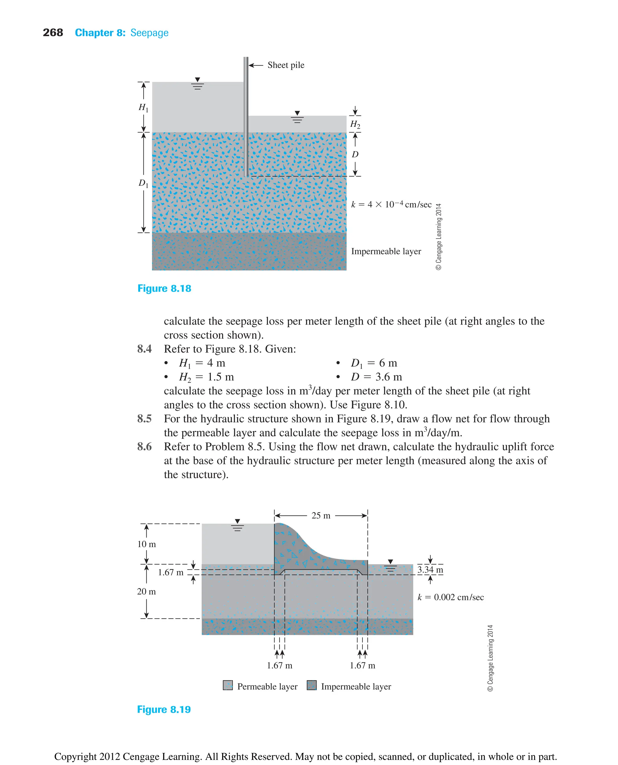 Figure 8.18
Figure 8.19
268 Chapter 8: Seepage
calculate the seepage loss per meter length of the sheet pile (at right angles to the
cross section shown).
8.4 Refer to Figure 8.18. Given:
• H1  4 m • D1  6 m
• H2  1.5 m • D  3.6 m
calculate the seepage loss in m3
/day per meter length of the sheet pile (at right
angles to the cross section shown). Use Figure 8.10.
8.5 For the hydraulic structure shown in Figure 8.19, draw a flow net for flow through
the permeable layer and calculate the seepage loss in m3
/day/m.
8.6 Refer to Problem 8.5. Using the flow net drawn, calculate the hydraulic uplift force
at the base of the hydraulic structure per meter length (measured along the axis of
the structure).
Impermeable layer
H2
D
k  4  104 cm/sec
H1
D1
Sheet pile
10 m
20 m
25 m
1.67 m
1.67 m
1.67 m
k  0.002 cm/sec
Permeable layer Impermeable layer
3.34 m
©
Cengage
Learning
2014
©
Cengage
Learning
2014
Copyright 2012 Cengage Learning. All Rights Reserved. May not be copied, scanned, or duplicated, in whole or in part.
 
