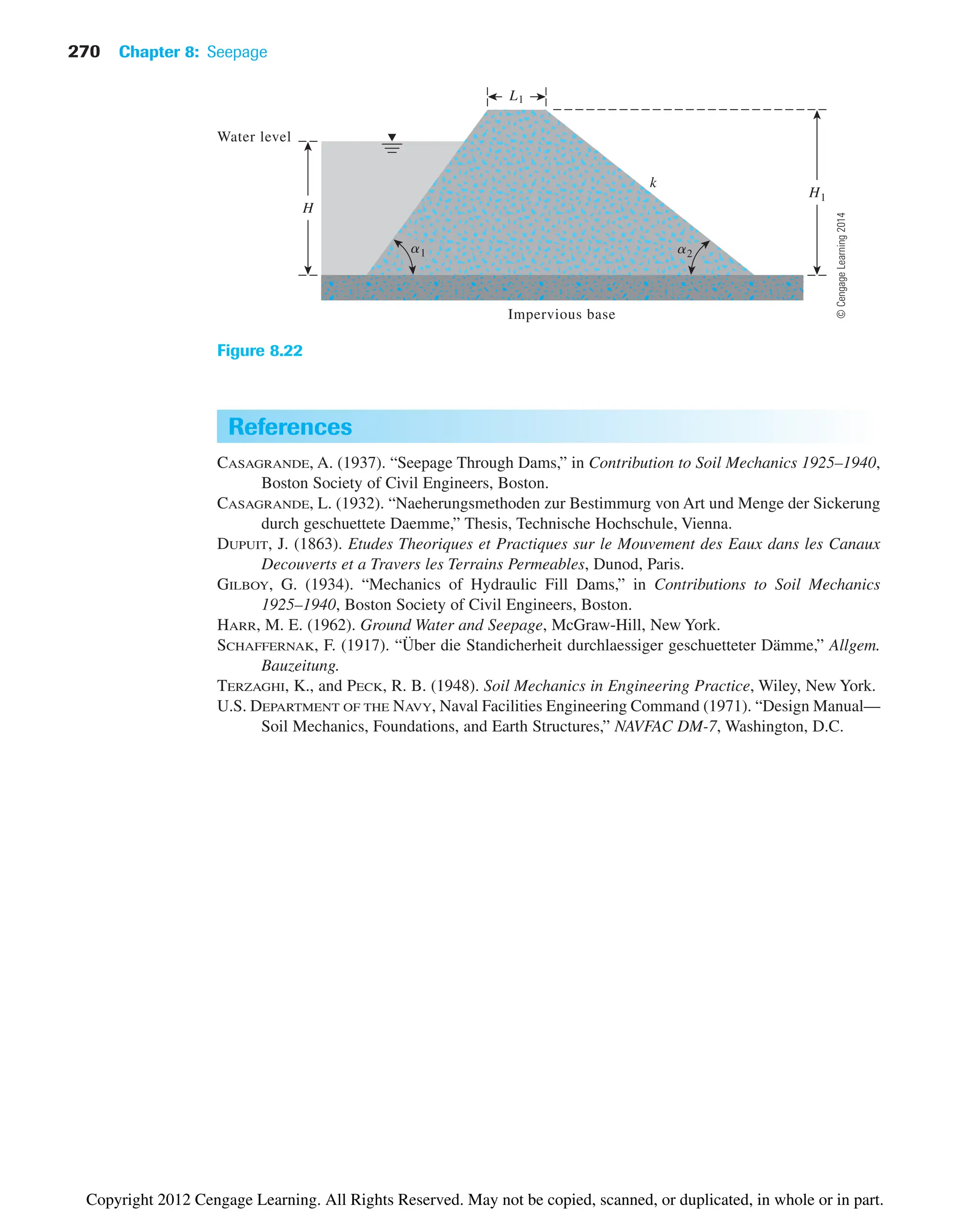 270 Chapter 8: Seepage
L1
Water level
Impervious base
H
k
H1
a1 a2
Figure 8.22
References
CASAGRANDE, A. (1937). “Seepage Through Dams,” in Contribution to Soil Mechanics 1925–1940,
Boston Society of Civil Engineers, Boston.
CASAGRANDE, L. (1932). “Naeherungsmethoden zur Bestimmurg von Art und Menge der Sickerung
durch geschuettete Daemme,” Thesis, Technische Hochschule, Vienna.
DUPUIT, J. (1863). Etudes Theoriques et Practiques sur le Mouvement des Eaux dans les Canaux
Decouverts et a Travers les Terrains Permeables, Dunod, Paris.
GILBOY, G. (1934). “Mechanics of Hydraulic Fill Dams,” in Contributions to Soil Mechanics
1925–1940, Boston Society of Civil Engineers, Boston.
HARR, M. E. (1962). Ground Water and Seepage, McGraw-Hill, New York.
SCHAFFERNAK, F. (1917). “Über die Standicherheit durchlaessiger geschuetteter Dämme,” Allgem.
Bauzeitung.
TERZAGHI, K., and PECK, R. B. (1948). Soil Mechanics in Engineering Practice, Wiley, New York.
U.S. DEPARTMENT OF THE NAVY, Naval Facilities Engineering Command (1971). “Design Manual—
Soil Mechanics, Foundations, and Earth Structures,” NAVFAC DM-7, Washington, D.C.
©
Cengage
Learning
2014
Copyright 2012 Cengage Learning. All Rights Reserved. May not be copied, scanned, or duplicated, in whole or in part.
 