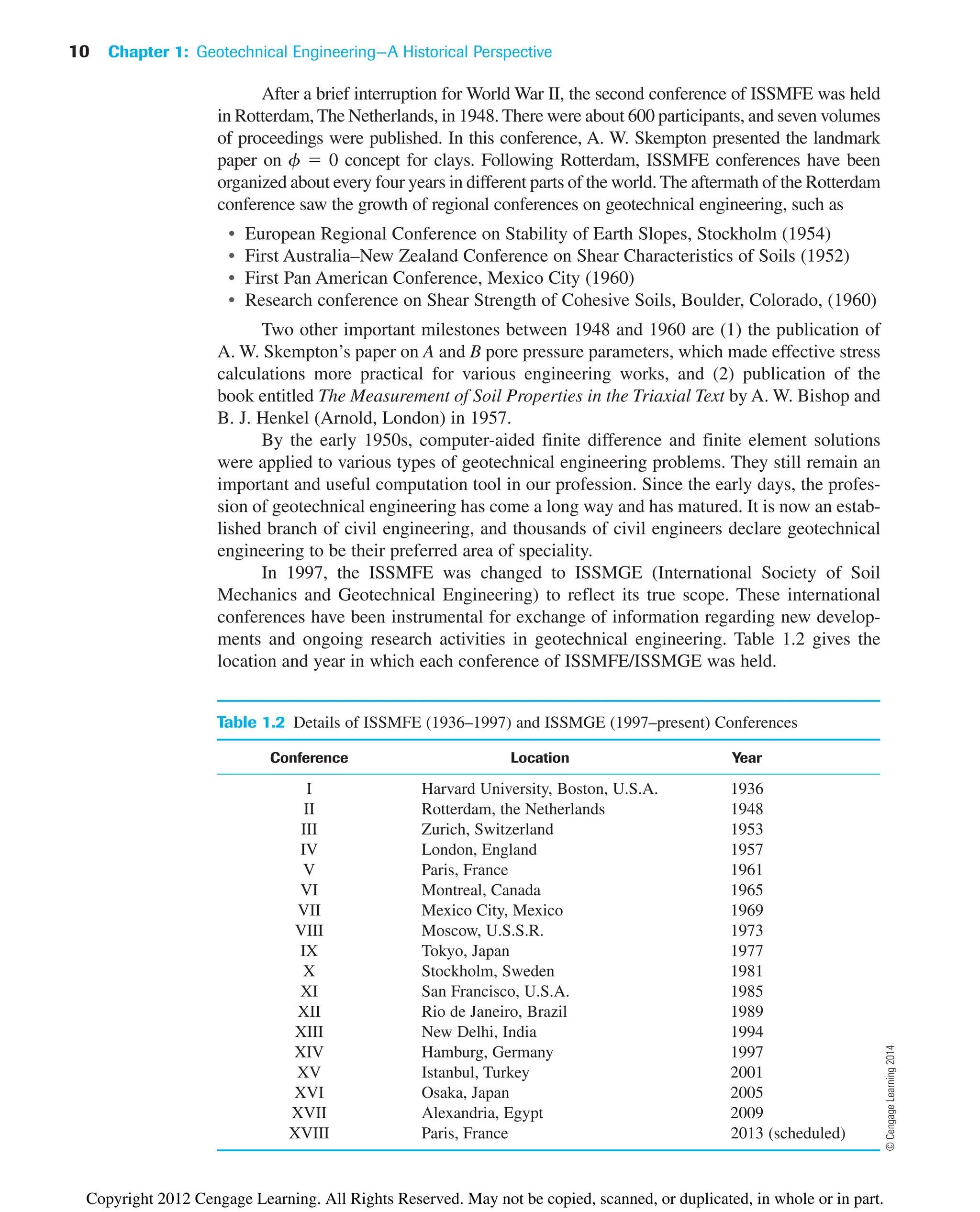 After a brief interruption for World War II, the second conference of ISSMFE was held
in Rotterdam, The Netherlands, in 1948. There were about 600 participants, and seven volumes
of proceedings were published. In this conference, A. W. Skempton presented the landmark
paper on f ⫽ 0 concept for clays. Following Rotterdam, ISSMFE conferences have been
organized about every four years in different parts of the world. The aftermath of the Rotterdam
conference saw the growth of regional conferences on geotechnical engineering, such as
• European Regional Conference on Stability of Earth Slopes, Stockholm (1954)
• First Australia–New Zealand Conference on Shear Characteristics of Soils (1952)
• First Pan American Conference, Mexico City (1960)
• Research conference on Shear Strength of Cohesive Soils, Boulder, Colorado, (1960)
Two other important milestones between 1948 and 1960 are (1) the publication of
A. W. Skempton’s paper on A and B pore pressure parameters, which made effective stress
calculations more practical for various engineering works, and (2) publication of the
book entitled The Measurement of Soil Properties in the Triaxial Text by A. W. Bishop and
B. J. Henkel (Arnold, London) in 1957.
By the early 1950s, computer-aided finite difference and finite element solutions
were applied to various types of geotechnical engineering problems. They still remain an
important and useful computation tool in our profession. Since the early days, the profes-
sion of geotechnical engineering has come a long way and has matured. It is now an estab-
lished branch of civil engineering, and thousands of civil engineers declare geotechnical
engineering to be their preferred area of speciality.
In 1997, the ISSMFE was changed to ISSMGE (International Society of Soil
Mechanics and Geotechnical Engineering) to reflect its true scope. These international
conferences have been instrumental for exchange of information regarding new develop-
ments and ongoing research activities in geotechnical engineering. Table 1.2 gives the
location and year in which each conference of ISSMFE/ISSMGE was held.
10 Chapter 1: Geotechnical Engineering—A Historical Perspective
Table 1.2 Details of ISSMFE (1936–1997) and ISSMGE (1997–present) Conferences
Conference Location Year
I Harvard University, Boston, U.S.A. 1936
II Rotterdam, the Netherlands 1948
III Zurich, Switzerland 1953
IV London, England 1957
V Paris, France 1961
VI Montreal, Canada 1965
VII Mexico City, Mexico 1969
VIII Moscow, U.S.S.R. 1973
IX Tokyo, Japan 1977
X Stockholm, Sweden 1981
XI San Francisco, U.S.A. 1985
XII Rio de Janeiro, Brazil 1989
XIII New Delhi, India 1994
XIV Hamburg, Germany 1997
XV Istanbul, Turkey 2001
XVI Osaka, Japan 2005
XVII Alexandria, Egypt 2009
XVIII Paris, France 2013 (scheduled)
©
Cengage
Learning
2014
Copyright 2012 Cengage Learning. All Rights Reserved. May not be copied, scanned, or duplicated, in whole or in part.
 