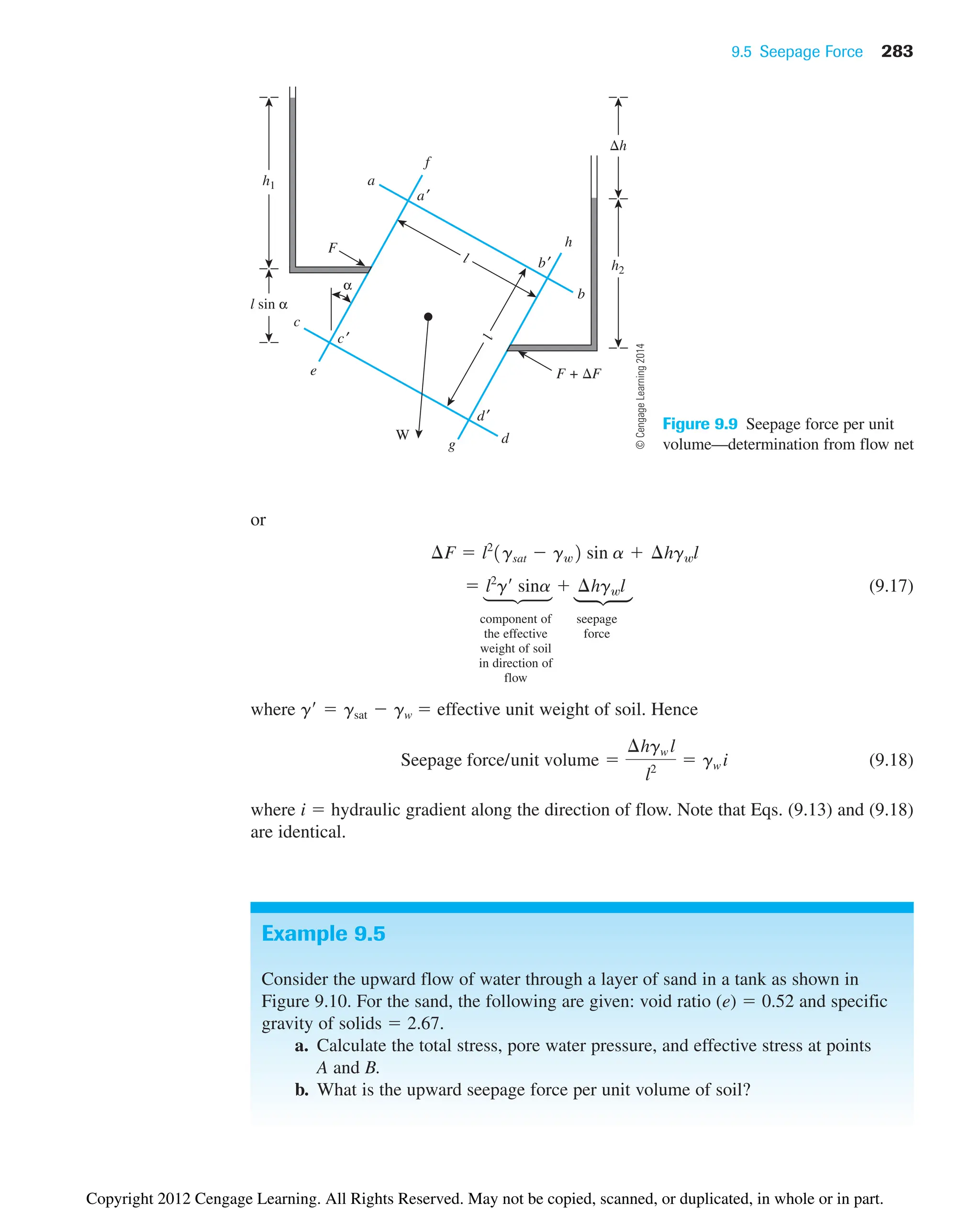 Figure 9.9 Seepage force per unit
volume—determination from flow net
9.5 Seepage Force 283
or
(9.17)
component of seepage
the effective force
weight of soil
in direction of
flow
where effective unit weight of soil. Hence
(9.18)
where i  hydraulic gradient along the direction of flow. Note that Eqs. (9.13) and (9.18)
are identical.
Seepage force/unit volume 
¢hgw l
l2
 gw i
g¿  gsat  gw 
 l2
g¿ sina  ¢hgwl
¢F  l2
1gsat  gw2 sin a  ¢hgwl
Example 9.5
Consider the upward flow of water through a layer of sand in a tank as shown in
Figure 9.10. For the sand, the following are given: void ratio (e)  0.52 and specific
gravity of solids  2.67.
a. Calculate the total stress, pore water pressure, and effective stress at points
A and B.
b. What is the upward seepage force per unit volume of soil?
t
h1
h2
l sin a
W
Dh
F + DF
a
F
a
a′
b′
c′
d′
c
d
e
g
b
h
f
l
l
¶
©
Cengage
Learning
2014
Copyright 2012 Cengage Learning. All Rights Reserved. May not be copied, scanned, or duplicated, in whole or in part.
 