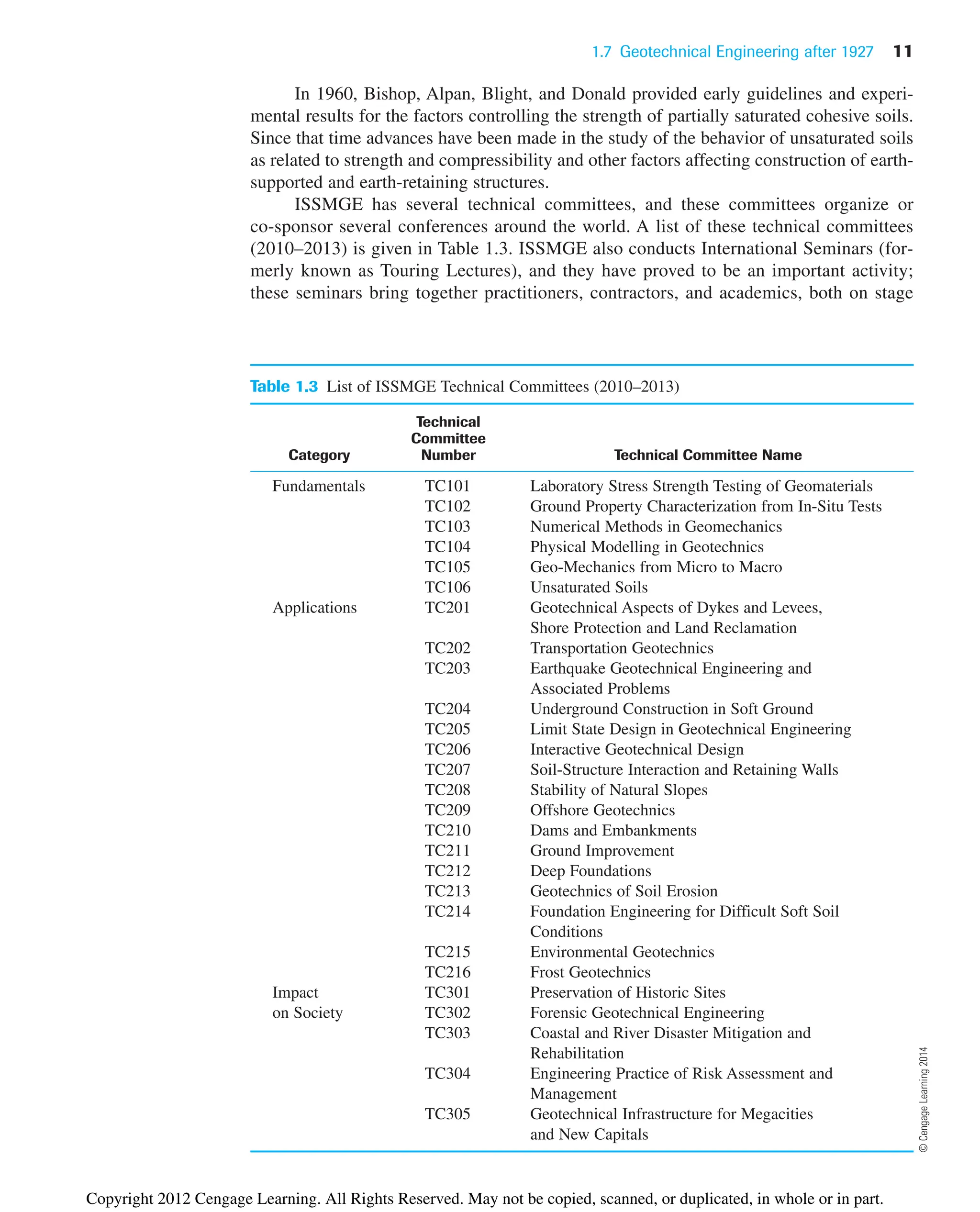 1.7 Geotechnical Engineering after 1927 11
In 1960, Bishop, Alpan, Blight, and Donald provided early guidelines and experi-
mental results for the factors controlling the strength of partially saturated cohesive soils.
Since that time advances have been made in the study of the behavior of unsaturated soils
as related to strength and compressibility and other factors affecting construction of earth-
supported and earth-retaining structures.
ISSMGE has several technical committees, and these committees organize or
co-sponsor several conferences around the world. A list of these technical committees
(2010–2013) is given in Table 1.3. ISSMGE also conducts International Seminars (for-
merly known as Touring Lectures), and they have proved to be an important activity;
these seminars bring together practitioners, contractors, and academics, both on stage
Table 1.3 List of ISSMGE Technical Committees (2010–2013)
Technical
Committee
Category Number Technical Committee Name
Fundamentals TC101 Laboratory Stress Strength Testing of Geomaterials
TC102 Ground Property Characterization from In-Situ Tests
TC103 Numerical Methods in Geomechanics
TC104 Physical Modelling in Geotechnics
TC105 Geo-Mechanics from Micro to Macro
TC106 Unsaturated Soils
Applications TC201 Geotechnical Aspects of Dykes and Levees,
Shore Protection and Land Reclamation
TC202 Transportation Geotechnics
TC203 Earthquake Geotechnical Engineering and
Associated Problems
TC204 Underground Construction in Soft Ground
TC205 Limit State Design in Geotechnical Engineering
TC206 Interactive Geotechnical Design
TC207 Soil-Structure Interaction and Retaining Walls
TC208 Stability of Natural Slopes
TC209 Offshore Geotechnics
TC210 Dams and Embankments
TC211 Ground Improvement
TC212 Deep Foundations
TC213 Geotechnics of Soil Erosion
TC214 Foundation Engineering for Difficult Soft Soil
Conditions
TC215 Environmental Geotechnics
TC216 Frost Geotechnics
Impact TC301 Preservation of Historic Sites
on Society TC302 Forensic Geotechnical Engineering
TC303 Coastal and River Disaster Mitigation and
Rehabilitation
TC304 Engineering Practice of Risk Assessment and
Management
TC305 Geotechnical Infrastructure for Megacities
and New Capitals
©
Cengage
Learning
2014
Copyright 2012 Cengage Learning. All Rights Reserved. May not be copied, scanned, or duplicated, in whole or in part.
 