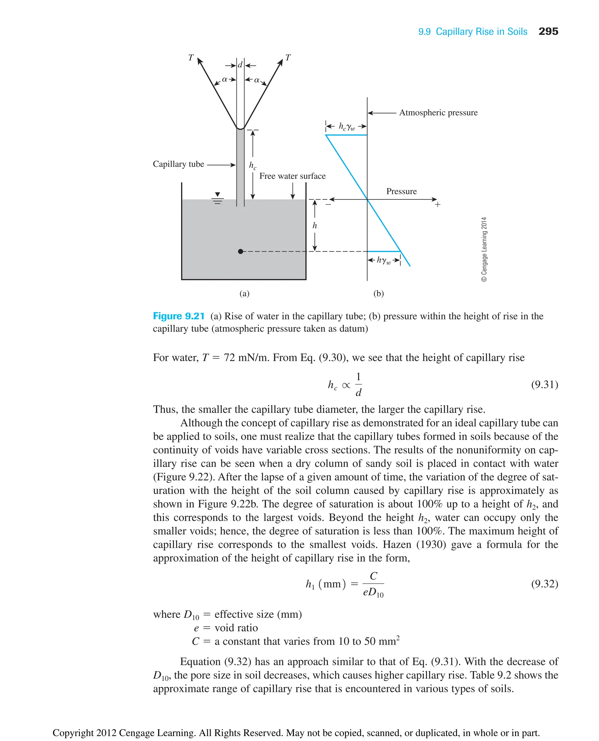 9.9 Capillary Rise in Soils 295
For water, T  72 mN/m. From Eq. (9.30), we see that the height of capillary rise
(9.31)
Thus, the smaller the capillary tube diameter, the larger the capillary rise.
Although the concept of capillary rise as demonstrated for an ideal capillary tube can
be applied to soils, one must realize that the capillary tubes formed in soils because of the
continuity of voids have variable cross sections. The results of the nonuniformity on cap-
illary rise can be seen when a dry column of sandy soil is placed in contact with water
(Figure 9.22). After the lapse of a given amount of time, the variation of the degree of sat-
uration with the height of the soil column caused by capillary rise is approximately as
shown in Figure 9.22b. The degree of saturation is about 100% up to a height of h2, and
this corresponds to the largest voids. Beyond the height h2, water can occupy only the
smaller voids; hence, the degree of saturation is less than 100%. The maximum height of
capillary rise corresponds to the smallest voids. Hazen (1930) gave a formula for the
approximation of the height of capillary rise in the form,
(9.32)
where D10  effective size (mm)
e  void ratio
C  a constant that varies from 10 to 50 mm2
Equation (9.32) has an approach similar to that of Eq. (9.31). With the decrease of
D10, the pore size in soil decreases, which causes higher capillary rise. Table 9.2 shows the
approximate range of capillary rise that is encountered in various types of soils.
h1 1mm2 
C
eD10
hc r
1
d
a a
 
Pressure
Atmospheric pressure
(b)
Capillary tube
T T
d
hcg
hc
Free water surface
(a)
hg
h
Figure 9.21 (a) Rise of water in the capillary tube; (b) pressure within the height of rise in the
capillary tube (atmospheric pressure taken as datum)
©
Cengage
Learning
2014
Copyright 2012 Cengage Learning. All Rights Reserved. May not be copied, scanned, or duplicated, in whole or in part.
 