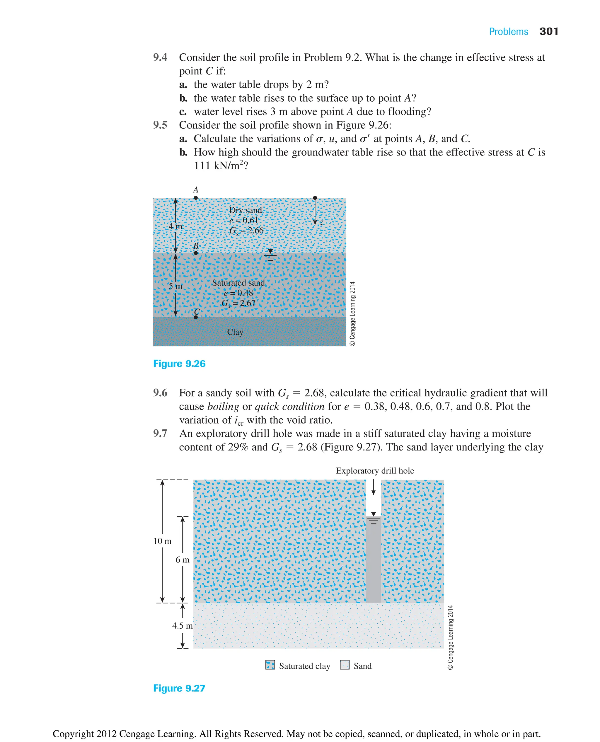 Problems 301
9.4 Consider the soil profile in Problem 9.2. What is the change in effective stress at
point C if:
a. the water table drops by 2 m?
b. the water table rises to the surface up to point A?
c. water level rises 3 m above point A due to flooding?
9.5 Consider the soil profile shown in Figure 9.26:
a. Calculate the variations of s, u, and s at points A, B, and C.
b. How high should the groundwater table rise so that the effective stress at C is
111 kN/m2
?
4 m
5 m
B
Dry sand
e = 0.61
Gs = 2.66
C
A
Saturated sand
e = 0.48
Gs = 2.67
Clay
z
Figure 9.26
9.6 For a sandy soil with Gs  2.68, calculate the critical hydraulic gradient that will
cause boiling or quick condition for e  0.38, 0.48, 0.6, 0.7, and 0.8. Plot the
variation of icr with the void ratio.
9.7 An exploratory drill hole was made in a stiff saturated clay having a moisture
content of 29% and Gs  2.68 (Figure 9.27). The sand layer underlying the clay
4.5 m
10 m
6 m
Exploratory drill hole
Saturated clay Sand
Figure 9.27
©
Cengage
Learning
2014
©
Cengage
Learning
2014
Copyright 2012 Cengage Learning. All Rights Reserved. May not be copied, scanned, or duplicated, in whole or in part.
 