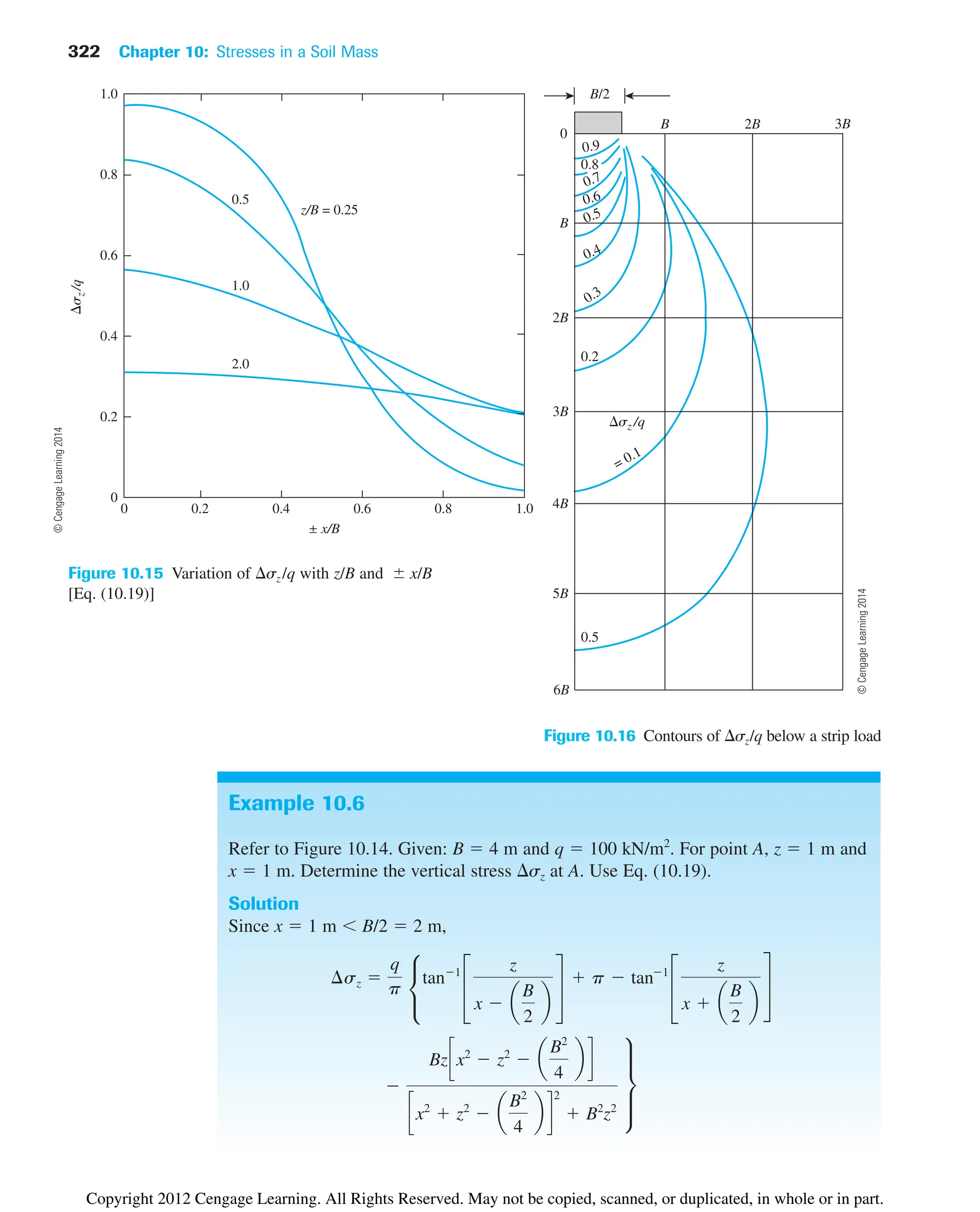 322 Chapter 10: Stresses in a Soil Mass
≤ x/B
z/B = 0.25
2.0
1.0
0.5
0
0.2
0.4
0.6
1.0
0.8
0.2 0.4 0.6 1.0
0 0.8
␴
z
/q
Figure 10.15 Variation of sz /q with z/B and  x/B
[Eq. (10.19)]
B
2B
B/2
2B
0
B 3B
3B
4B
5B
6B
0.2
0.5
0.3
0.4
0.5
0.6
0.7
0.8
0.9
= 0.1
␴z /q
Figure 10.16 Contours of sz/q below a strip load
Example 10.6
Refer to Figure 10.14. Given: B  4 m and q  100 kN/m2
. For point A, z  1 m and
x  1 m. Determine the vertical stress sz at A. Use Eq. (10.19).
Solution
Since x  1 m B/2  2 m,

Bzcx2
 z2
 a
B2
4
b d
cx2
 z2
 a
B2
4
b d
2
 B2
z2
∂
¢sz 
q
p •
tan1
£
z
x  a
B
2
b
§
 p  tan1
£
z
x  a
B
2
b
§
©
Cengage
Learning
2014
©
Cengage
Learning
2014
Copyright 2012 Cengage Learning. All Rights Reserved. May not be copied, scanned, or duplicated, in whole or in part.
 