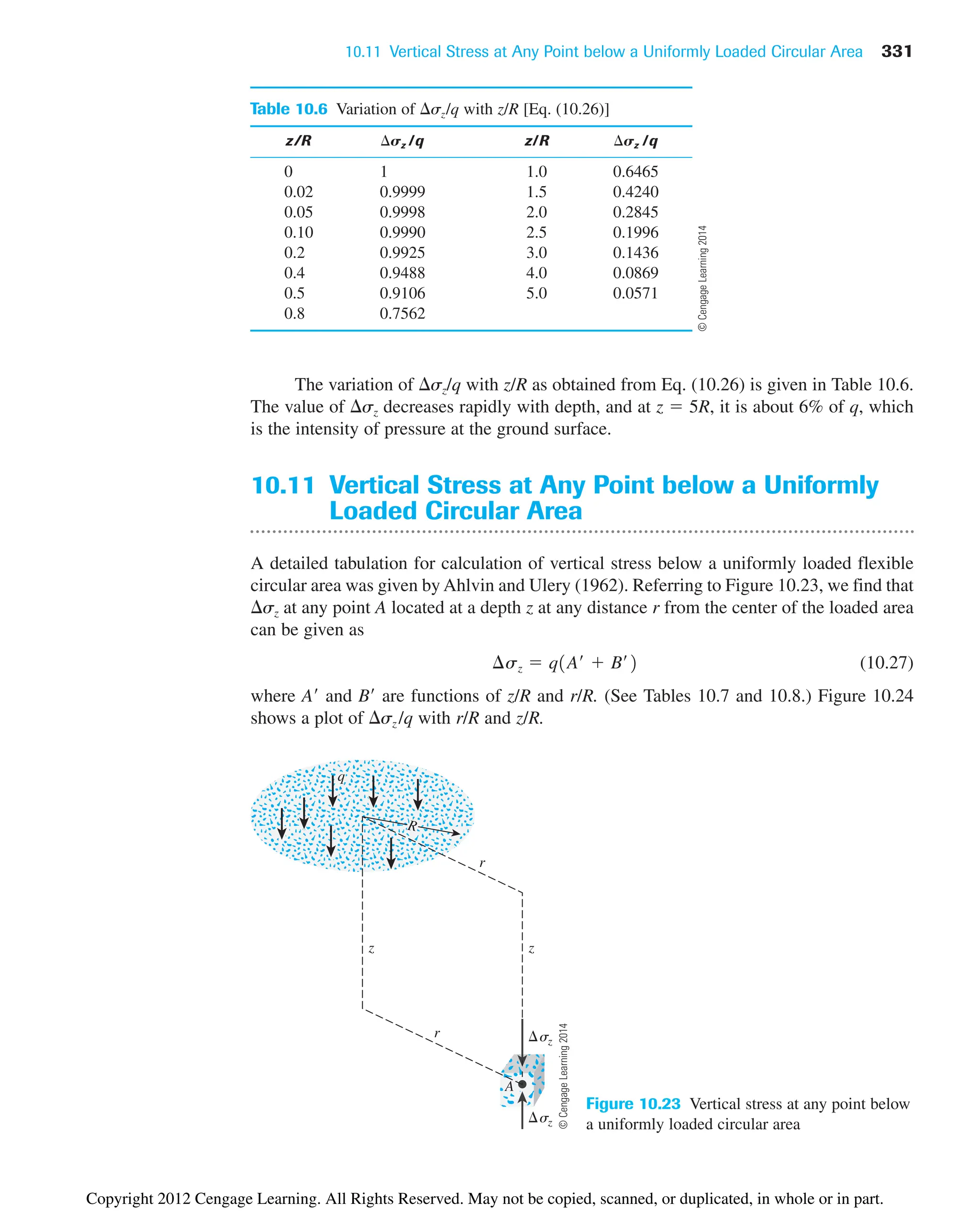 10.11 Vertical Stress at Any Point below a Uniformly Loaded Circular Area 331
Table 10.6 Variation of sz/q with z/R [Eq. (10.26)]
z/R sz /q z/R sz /q
0 1 1.0 0.6465
0.02 0.9999 1.5 0.4240
0.05 0.9998 2.0 0.2845
0.10 0.9990 2.5 0.1996
0.2 0.9925 3.0 0.1436
0.4 0.9488 4.0 0.0869
0.5 0.9106 5.0 0.0571
0.8 0.7562
z
z
r
r sz
sz
A
q
R
Figure 10.23 Vertical stress at any point below
a uniformly loaded circular area
The variation of sz/q with z/R as obtained from Eq. (10.26) is given in Table 10.6.
The value of sz decreases rapidly with depth, and at z  5R, it is about 6% of q, which
is the intensity of pressure at the ground surface.
10.11 Vertical Stress at Any Point below a Uniformly
Loaded Circular Area
A detailed tabulation for calculation of vertical stress below a uniformly loaded flexible
circular area was given by Ahlvin and Ulery (1962). Referring to Figure 10.23, we find that
sz at any point A located at a depth z at any distance r from the center of the loaded area
can be given as
(10.27)
where A and B are functions of z/R and r/R. (See Tables 10.7 and 10.8.) Figure 10.24
shows a plot of sz /q with r/R and z/R.
¢sz  q1A¿  B¿2
©
Cengage
Learning
2014
©
Cengage
Learning
2014
Copyright 2012 Cengage Learning. All Rights Reserved. May not be copied, scanned, or duplicated, in whole or in part.
 