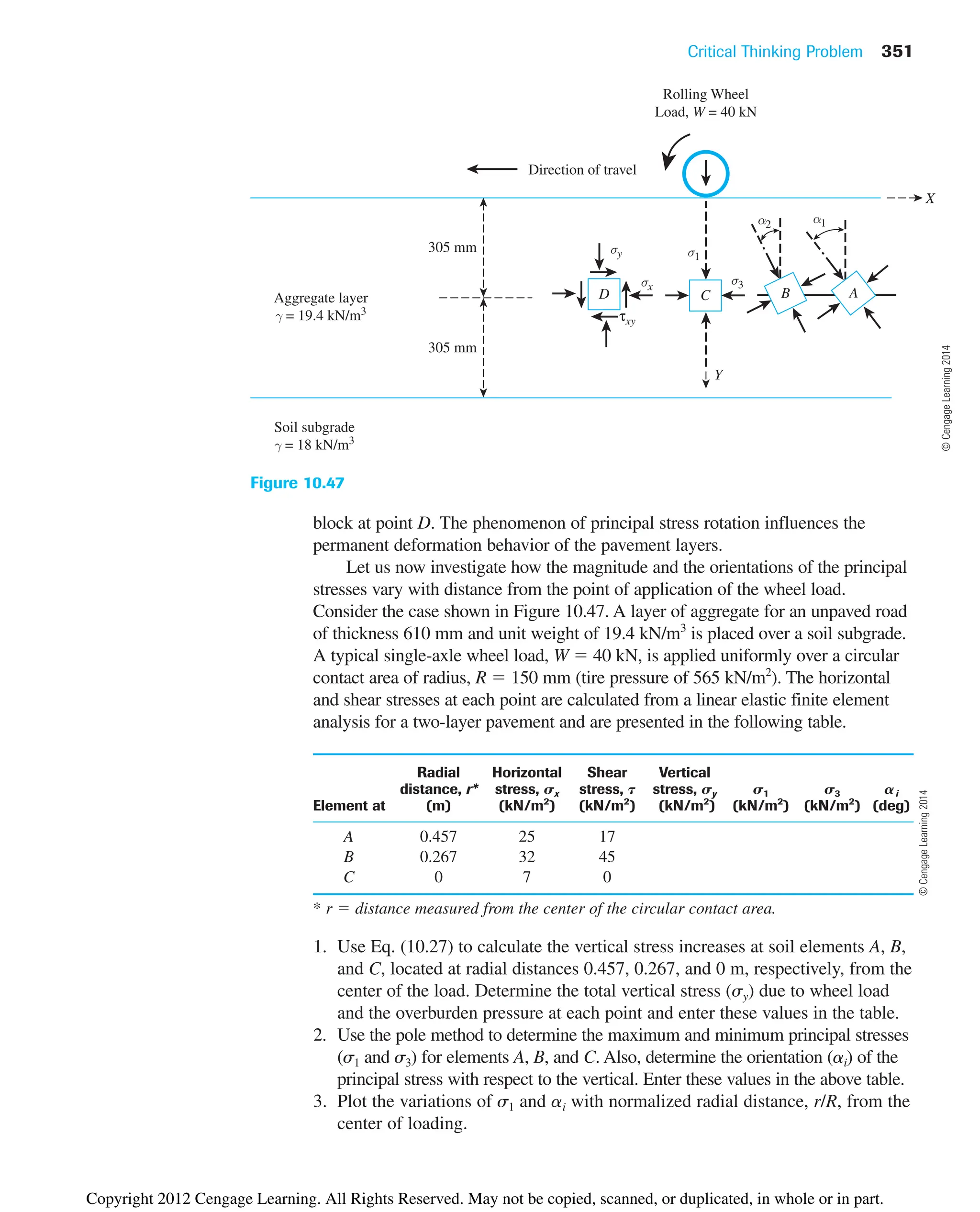 Critical Thinking Problem 351
block at point D. The phenomenon of principal stress rotation influences the
permanent deformation behavior of the pavement layers.
Let us now investigate how the magnitude and the orientations of the principal
stresses vary with distance from the point of application of the wheel load.
Consider the case shown in Figure 10.47. A layer of aggregate for an unpaved road
of thickness 610 mm and unit weight of 19.4 kN/m3
is placed over a soil subgrade.
A typical single-axle wheel load, W  40 kN, is applied uniformly over a circular
contact area of radius, R  150 mm (tire pressure of 565 kN/m2
). The horizontal
and shear stresses at each point are calculated from a linear elastic finite element
analysis for a two-layer pavement and are presented in the following table.
Radial Horizontal Shear Vertical
distance, r* stress, sx stress, t stress, sy s1 s3 ai
Element at (m) (kN/m2
) (kN/m2
) (kN/m2
) (kN/m2
) (kN/m2
) (deg)
A 0.457 25 17
B 0.267 32 45
C 0 7 0
* r  distance measured from the center of the circular contact area.
1. Use Eq. (10.27) to calculate the vertical stress increases at soil elements A, B,
and C, located at radial distances 0.457, 0.267, and 0 m, respectively, from the
center of the load. Determine the total vertical stress (sy) due to wheel load
and the overburden pressure at each point and enter these values in the table.
2. Use the pole method to determine the maximum and minimum principal stresses
(s1 and s3) for elements A, B, and C. Also, determine the orientation (ai) of the
principal stress with respect to the vertical. Enter these values in the above table.
3. Plot the variations of s1 and ai with normalized radial distance, r/R, from the
center of loading.
Figure 10.47
305 mm
Direction of travel
Rolling Wheel
Load, W = 40 kN
X
Y
D C
305 mm
σy σ1
α2 α1
σ3
σx
τxy
A
B
Aggregate layer
γ = 19.4 kN/m3
Soil subgrade
γ = 18 kN/m3
©
Cengage
Learning
2014
©
Cengage
Learning
2014
Copyright 2012 Cengage Learning. All Rights Reserved. May not be copied, scanned, or duplicated, in whole or in part.
 