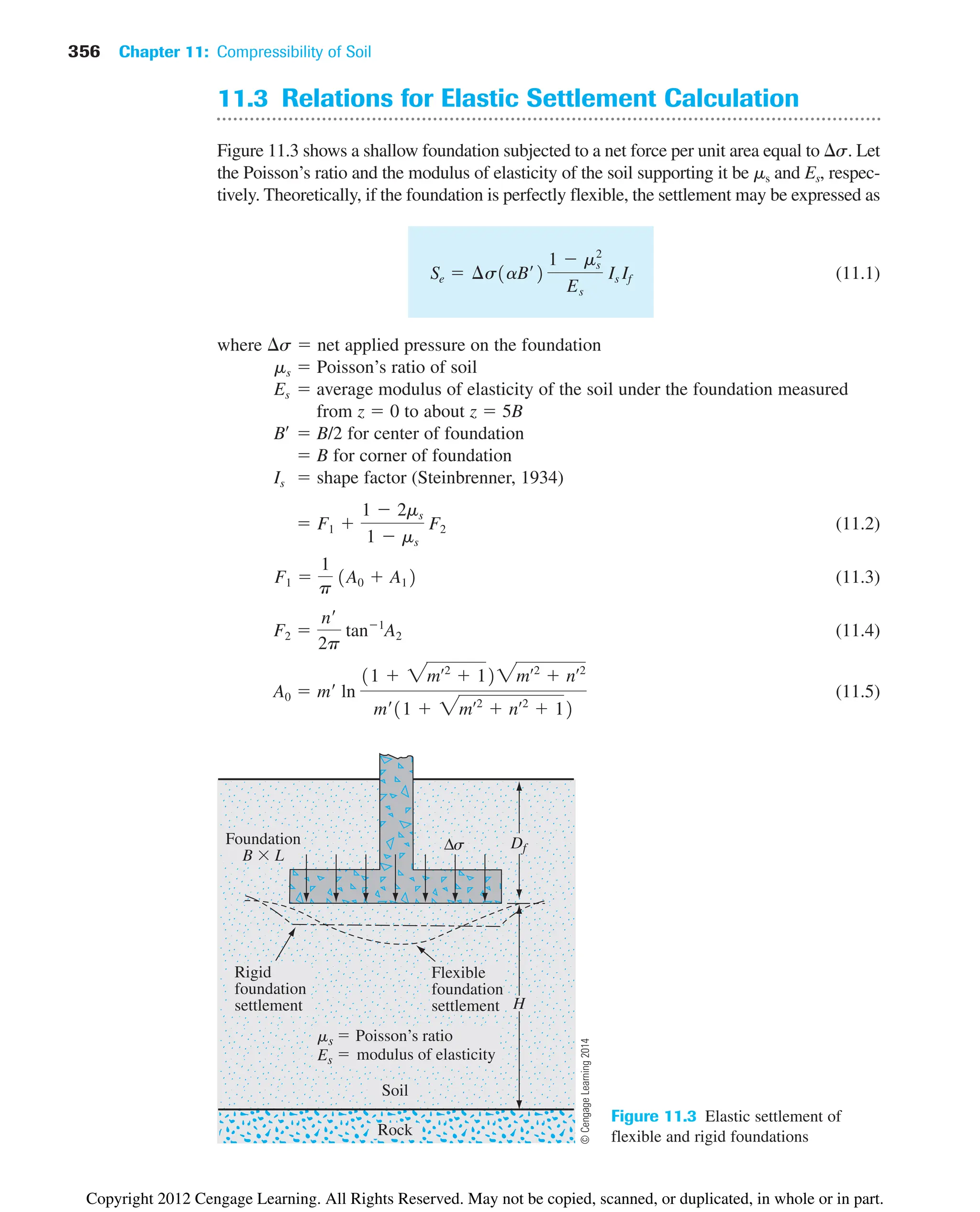 356 Chapter 11: Compressibility of Soil
modulus of elasticity
Soil
Rock
Poisson’s ratio
Rigid
foundation
settlement
Es
ms
Foundation
B  L
s


Flexible
foundation
settlement
Df
Δ
H
Figure 11.3 Elastic settlement of
flexible and rigid foundations
11.3 Relations for Elastic Settlement Calculation
Figure 11.3 shows a shallow foundation subjected to a net force per unit area equal to s. Let
the Poisson’s ratio and the modulus of elasticity of the soil supporting it be ms and Es, respec-
tively. Theoretically, if the foundation is perfectly flexible, the settlement may be expressed as
(11.1)
where s  net applied pressure on the foundation
ms  Poisson’s ratio of soil
Es  average modulus of elasticity of the soil under the foundation measured
from z  0 to about z  5B
B¿  B/2 for center of foundation
 B for corner of foundation
Is  shape factor (Steinbrenner, 1934)
(11.2)
(11.3)
(11.4)
(11.5)
A0  m¿ ln
11  2mœ2
 122mœ2
 nœ2
m¿11  2mœ2
 nœ2
 12
F2 
n¿
2p
tan1
A2
F1 
1
p
1A0  A12
 F1 
1  2ms
1  ms
F2
Se  ¢s1aB¿2
1  m2
s
Es
Is If
©
Cengage
Learning
2014
Copyright 2012 Cengage Learning. All Rights Reserved. May not be copied, scanned, or duplicated, in whole or in part.
 