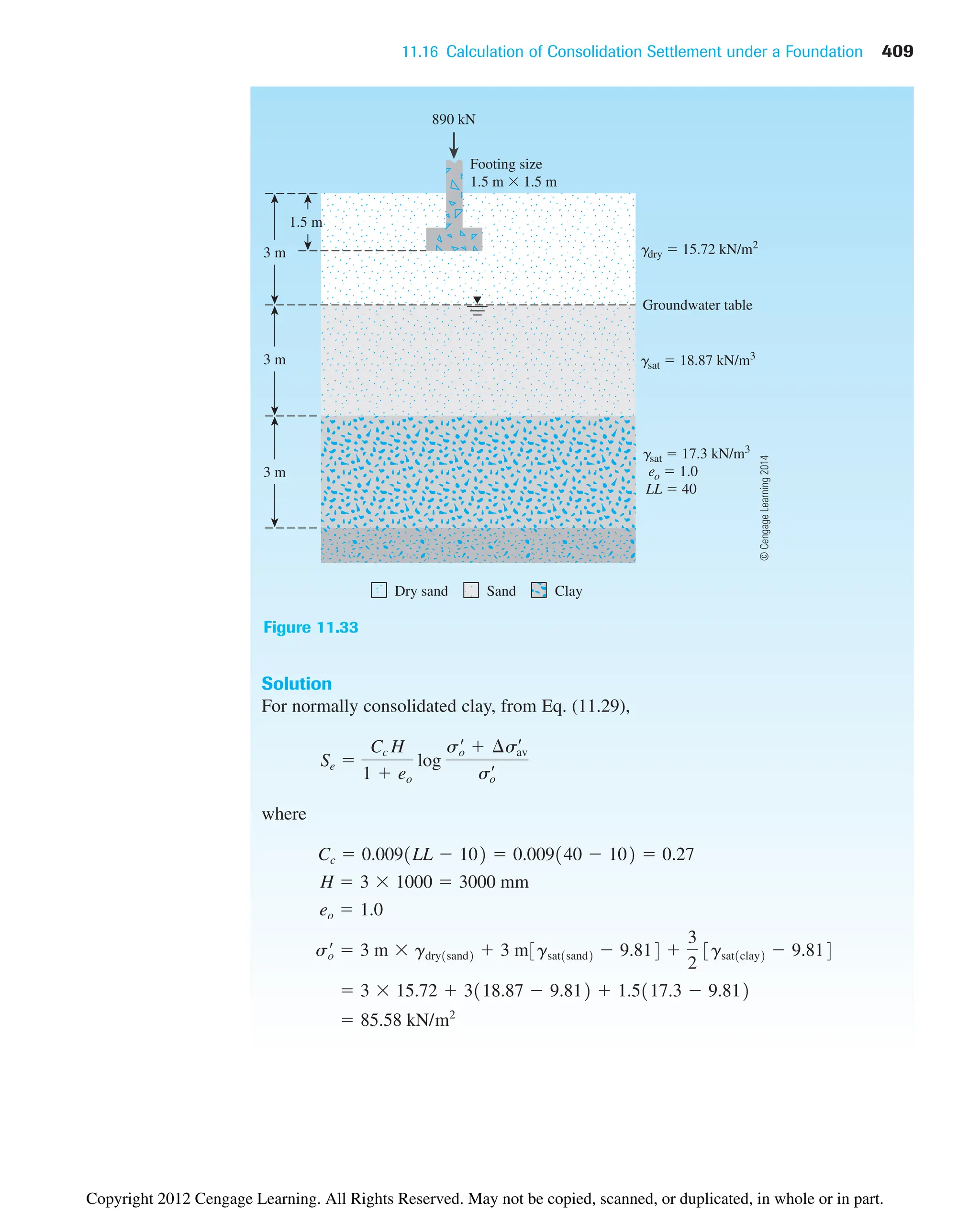 11.16 Calculation of Consolidation Settlement under a Foundation 409
Solution
For normally consolidated clay, from Eq. (11.29),
where
 85.58 kN/m2
 3  15.72  3118.87  9.812  1.5117.3  9.812
s¿
o  3 m  gdry1sand2  3 m3gsat1sand2  9.814 
3
2
3gsat1clay2  9.814
eo  1.0
H  3  1000  3000 mm
Cc  0.0091LL  102  0.009140  102  0.27
Se 
Cc H
1  eo
log
s¿
o  ¢s¿
av
s¿
o
gdry  15.72 kN/m2
890 kN
3 m
3 m gsat  18.87 kN/m3
Groundwater table
Sand Clay
Footing size
1.5 m  1.5 m
1.5 m
3 m
gsat  17.3 kN/m3
eo  1.0
LL  40
Dry sand
Figure 11.33
©
Cengage
Learning
2014
Copyright 2012 Cengage Learning. All Rights Reserved. May not be copied, scanned, or duplicated, in whole or in part.
 