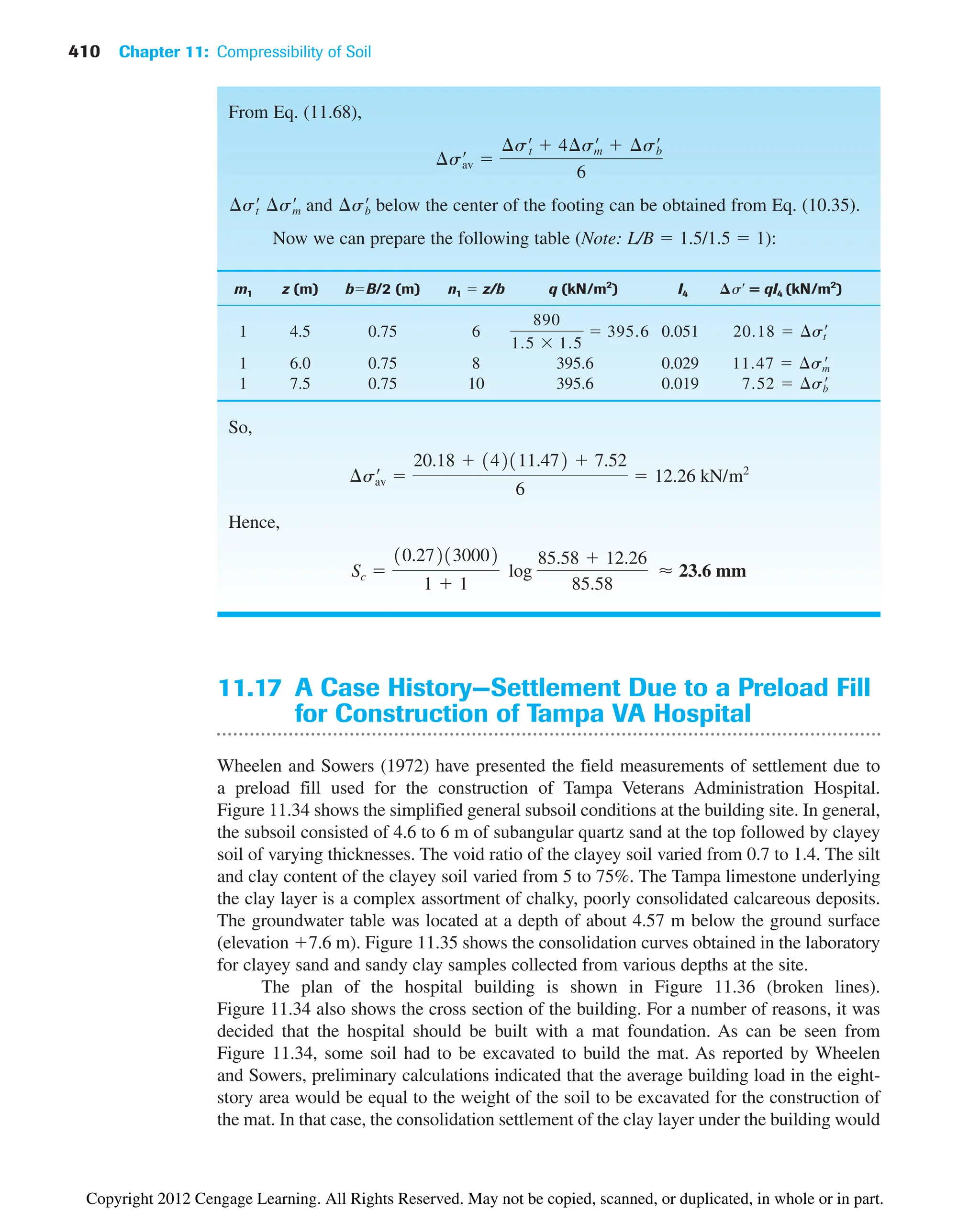 410 Chapter 11: Compressibility of Soil
From Eq. (11.68),
and below the center of the footing can be obtained from Eq. (10.35).
Now we can prepare the following table (Note: L/B  1.5/1.5  1):
m1 z (m) bB/2 (m) n1  z/b q (kN/m2
) I4 ⌬s¿ = qI4 (kN/m2
)
1 4.5 0.75 6 0.051
1 6.0 0.75 8 395.6 0.029
1 7.5 0.75 10 395.6 0.019
So,
Hence,
Sc 
10.272130002
1  1
log
85.58  12.26
85.58
⬇ 23.6 mm
¢s¿
av 
20.18  142111.472  7.52
6
 12.26 kN/m2
7.52  ¢sb
¿
11.47  ¢sm
¿
20.18  ¢st¿
890
1.5  1.5
 395.6
¢s¿
b
¢s¿
m
¢s¿
t
¢s¿
av 
¢s¿
t  4¢s¿
m  ¢s¿
b
6
11.17 A Case History—Settlement Due to a Preload Fill
for Construction of Tampa VA Hospital
Wheelen and Sowers (1972) have presented the field measurements of settlement due to
a preload fill used for the construction of Tampa Veterans Administration Hospital.
Figure 11.34 shows the simplified general subsoil conditions at the building site. In general,
the subsoil consisted of 4.6 to 6 m of subangular quartz sand at the top followed by clayey
soil of varying thicknesses. The void ratio of the clayey soil varied from 0.7 to 1.4. The silt
and clay content of the clayey soil varied from 5 to 75%. The Tampa limestone underlying
the clay layer is a complex assortment of chalky, poorly consolidated calcareous deposits.
The groundwater table was located at a depth of about 4.57 m below the ground surface
(elevation 7.6 m). Figure 11.35 shows the consolidation curves obtained in the laboratory
for clayey sand and sandy clay samples collected from various depths at the site.
The plan of the hospital building is shown in Figure 11.36 (broken lines).
Figure 11.34 also shows the cross section of the building. For a number of reasons, it was
decided that the hospital should be built with a mat foundation. As can be seen from
Figure 11.34, some soil had to be excavated to build the mat. As reported by Wheelen
and Sowers, preliminary calculations indicated that the average building load in the eight-
story area would be equal to the weight of the soil to be excavated for the construction of
the mat. In that case, the consolidation settlement of the clay layer under the building would
Copyright 2012 Cengage Learning. All Rights Reserved. May not be copied, scanned, or duplicated, in whole or in part.
 