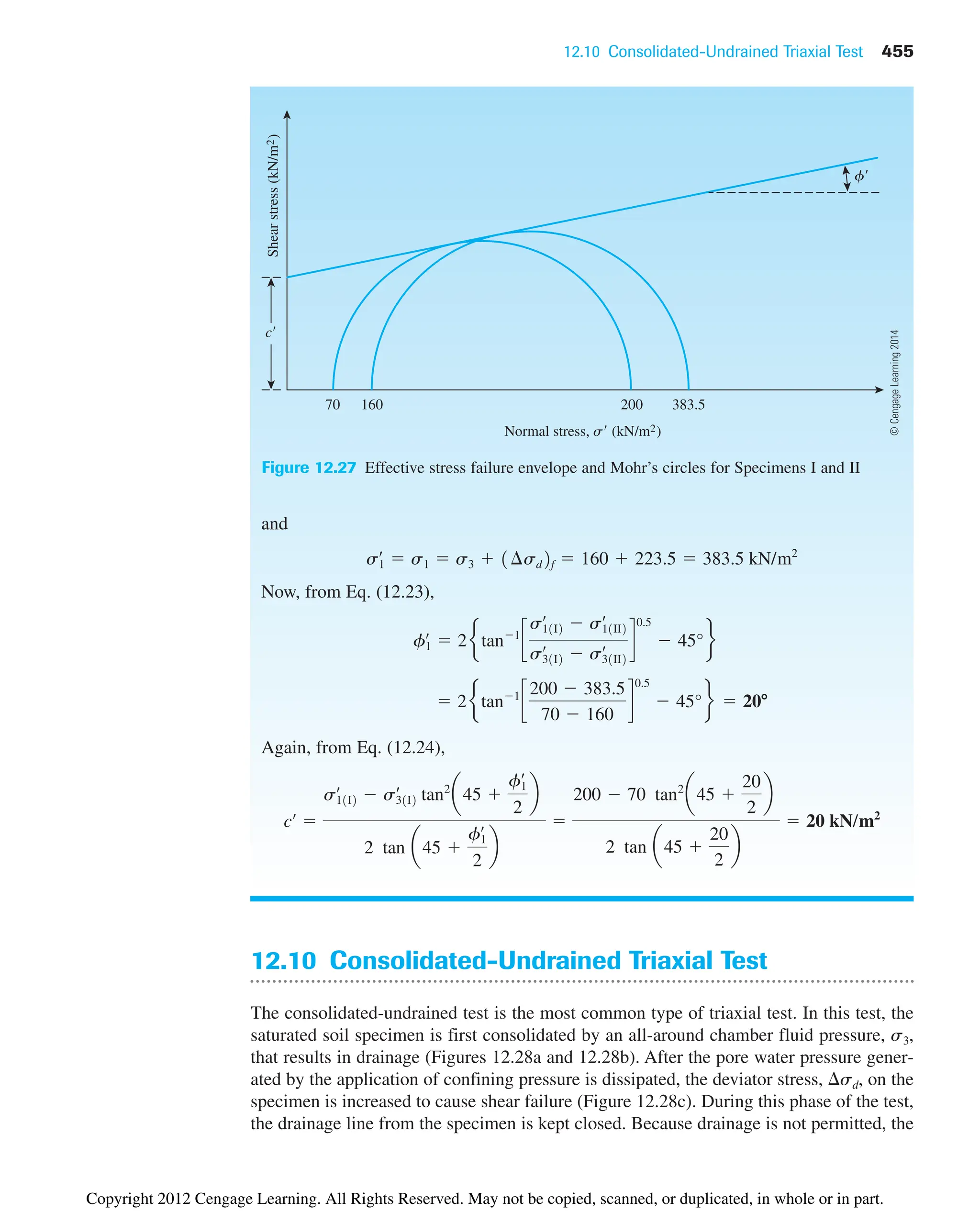 12.10 Consolidated-Undrained Triaxial Test 455
and
Now, from Eq. (12.23),
Again, from Eq. (12.24),
cœ

s11I2
œ
 s31I2
œ
tan2
a45 
f1
œ
2
b
2 tan a45 
f1
œ
2
b

200  70 tan2
a45 
20
2
b
2 tan a45 
20
2
b
 20 kN/m2
 2etan1
c
200  383.5
70  160
d
0.5
 45°f  20ⴗ
f1
œ
 2etan1
c
s11I2
œ
 s11II2
œ
s31I2
œ
 s31II2
œ d
0.5
 45°f
s1
œ
 s1  s3  1¢sd2f  160  223.5  383.5 kN/m2
Normal stress, s (kN/m2)
Shear
stress
(kN/m
2
)
c
383.5
200
160
70
f
Figure 12.27 Effective stress failure envelope and Mohr’s circles for Specimens I and II
12.10 Consolidated-Undrained Triaxial Test
The consolidated-undrained test is the most common type of triaxial test. In this test, the
saturated soil specimen is first consolidated by an all-around chamber fluid pressure, s3,
that results in drainage (Figures 12.28a and 12.28b). After the pore water pressure gener-
ated by the application of confining pressure is dissipated, the deviator stress, sd, on the
specimen is increased to cause shear failure (Figure 12.28c). During this phase of the test,
the drainage line from the specimen is kept closed. Because drainage is not permitted, the
©
Cengage
Learning
2014
Copyright 2012 Cengage Learning. All Rights Reserved. May not be copied, scanned, or duplicated, in whole or in part.
 