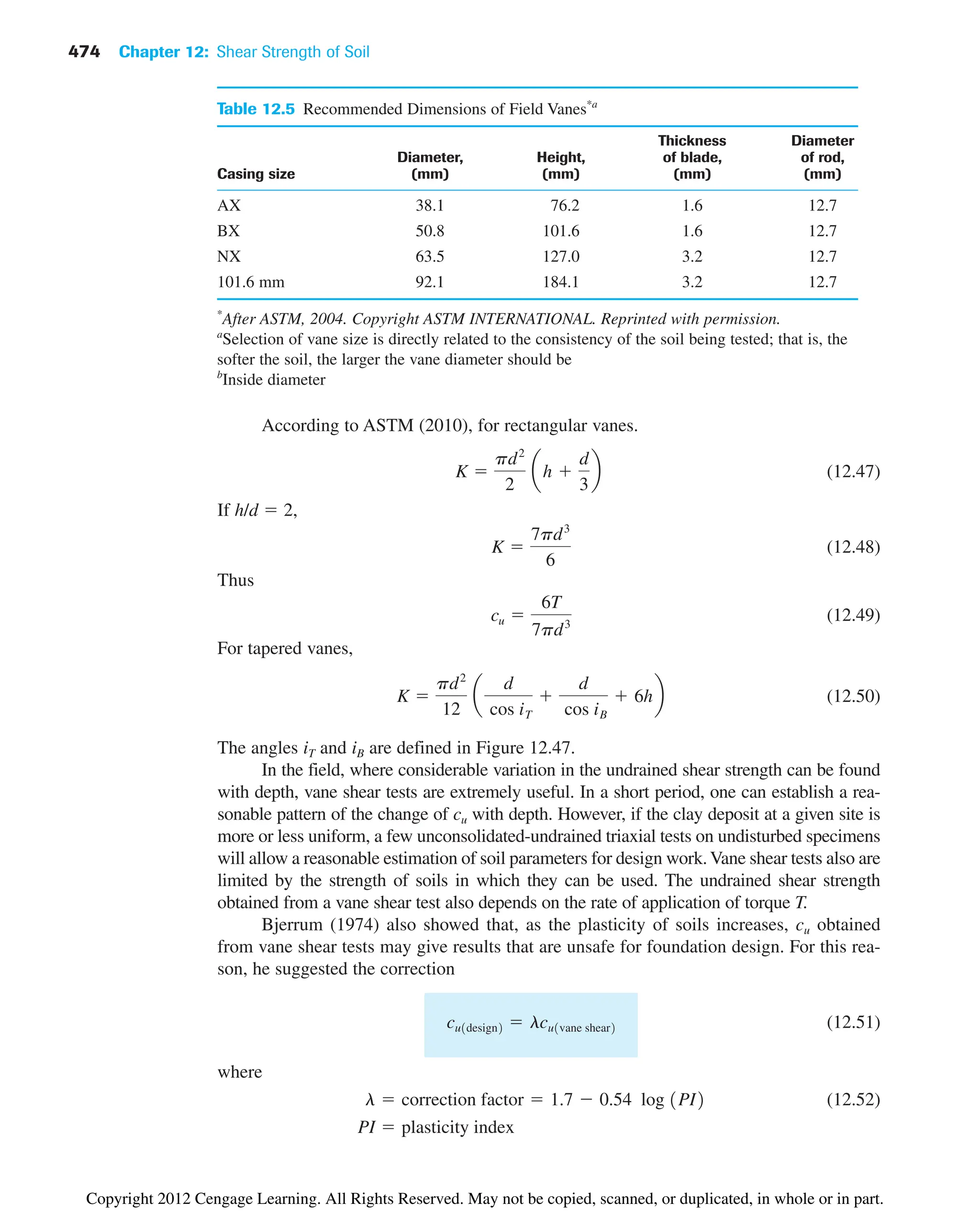 474 Chapter 12: Shear Strength of Soil
According to ASTM (2010), for rectangular vanes.
(12.47)
If h/d  2,
(12.48)
Thus
(12.49)
For tapered vanes,
(12.50)
The angles iT and iB are defined in Figure 12.47.
In the field, where considerable variation in the undrained shear strength can be found
with depth, vane shear tests are extremely useful. In a short period, one can establish a rea-
sonable pattern of the change of cu with depth. However, if the clay deposit at a given site is
more or less uniform, a few unconsolidated-undrained triaxial tests on undisturbed specimens
will allow a reasonable estimation of soil parameters for design work.Vane shear tests also are
limited by the strength of soils in which they can be used. The undrained shear strength
obtained from a vane shear test also depends on the rate of application of torque T.
Bjerrum (1974) also showed that, as the plasticity of soils increases, cu obtained
from vane shear tests may give results that are unsafe for foundation design. For this rea-
son, he suggested the correction
(12.51)
where
(12.52)
PI  plasticity index
l  correction factor  1.7  0.54 log 1PI2
cu1design2  lcu1vane shear2
K 
pd2
12
a
d
cos iT

d
cos iB
 6hb
cu 
6T
7pd3
K 
7pd3
6
K 
pd2
2
ah 
d
3
b
Table 12.5 Recommended Dimensions of Field Vanes*a
Thickness Diameter
Diameter, Height, of blade, of rod,
Casing size (mm) (mm) (mm) (mm)
AX 38.1 76.2 1.6 12.7
BX 50.8 101.6 1.6 12.7
NX 63.5 127.0 3.2 12.7
101.6 mm 92.1 184.1 3.2 12.7
*
After ASTM, 2004. Copyright ASTM INTERNATIONAL. Reprinted with permission.
a
Selection of vane size is directly related to the consistency of the soil being tested; that is, the
softer the soil, the larger the vane diameter should be
b
Inside diameter
Copyright 2012 Cengage Learning. All Rights Reserved. May not be copied, scanned, or duplicated, in whole or in part.
 