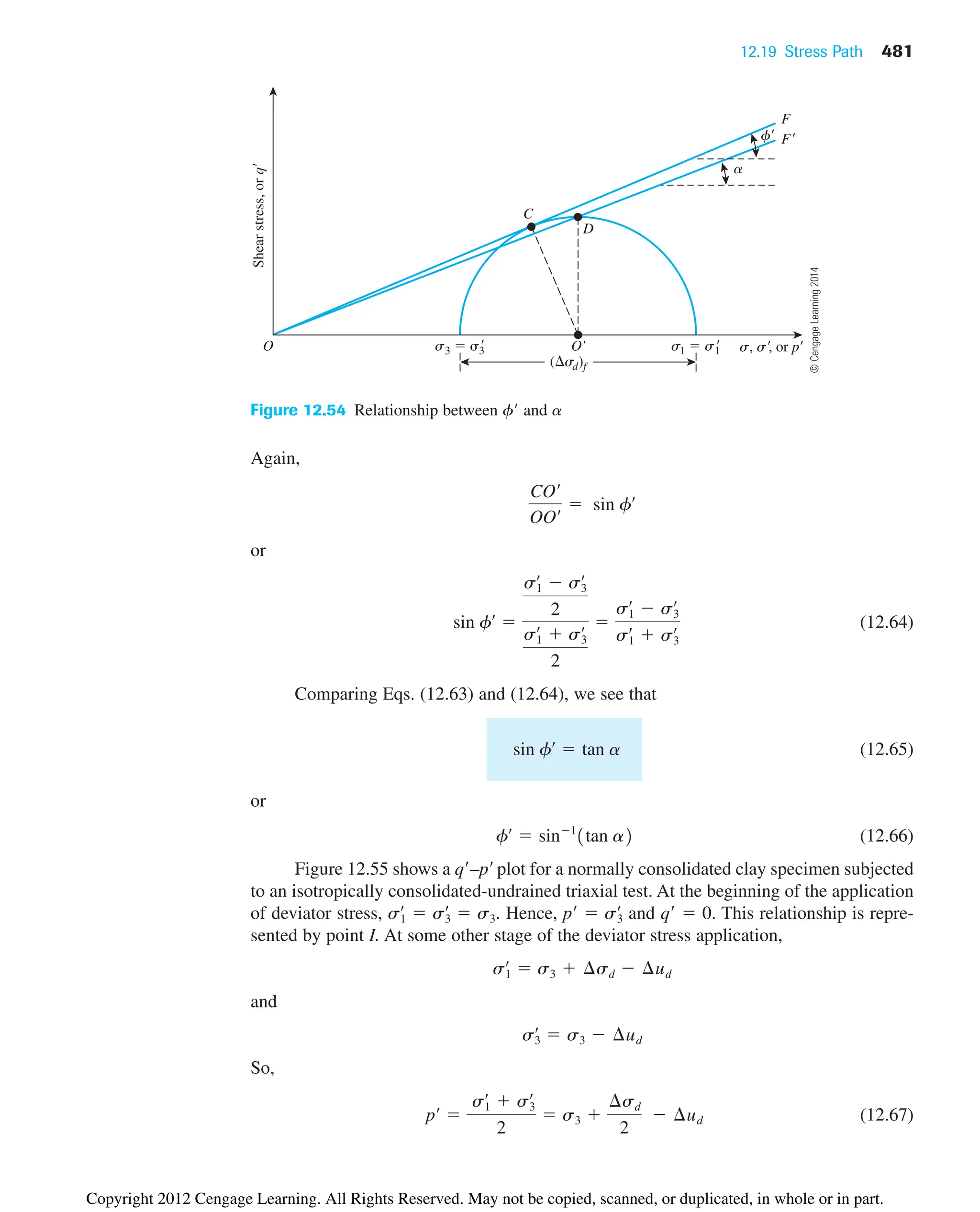 12.19 Stress Path 481
Again,
or
(12.64)
Comparing Eqs. (12.63) and (12.64), we see that
(12.65)
or
(12.66)
Figure 12.55 shows a q–pplot for a normally consolidated clay specimen subjected
to an isotropically consolidated-undrained triaxial test. At the beginning of the application
of deviator stress, Hence, p  and q  0. This relationship is repre-
sented by point I. At some other stage of the deviator stress application,
and
So,
(12.67)
pœ

s1
œ
 s3
œ
2
 s3 
¢sd
2
 ¢ud
s3
œ
 s3  ¢ud
s1
œ
 s3  ¢sd  ¢ud
s3
œ
s1
œ
 s3
œ
 s3.
fœ
 sin1
1tan a2
sin fœ
 tan a
sin fœ

s1
œ
 s3
œ
2
s1
œ
 s3
œ
2

s1
œ
 s3
œ
s1
œ
 s3
œ
COœ
OOœ  sin fœ
Shear
stress,
or
q
( sd)f
s3  3
 s, s
, or p
a
f F
F
s1  s1

O'
O
D
C
Figure 12.54 Relationship between f and a
©
Cengage
Learning
2014
Copyright 2012 Cengage Learning. All Rights Reserved. May not be copied, scanned, or duplicated, in whole or in part.
 
