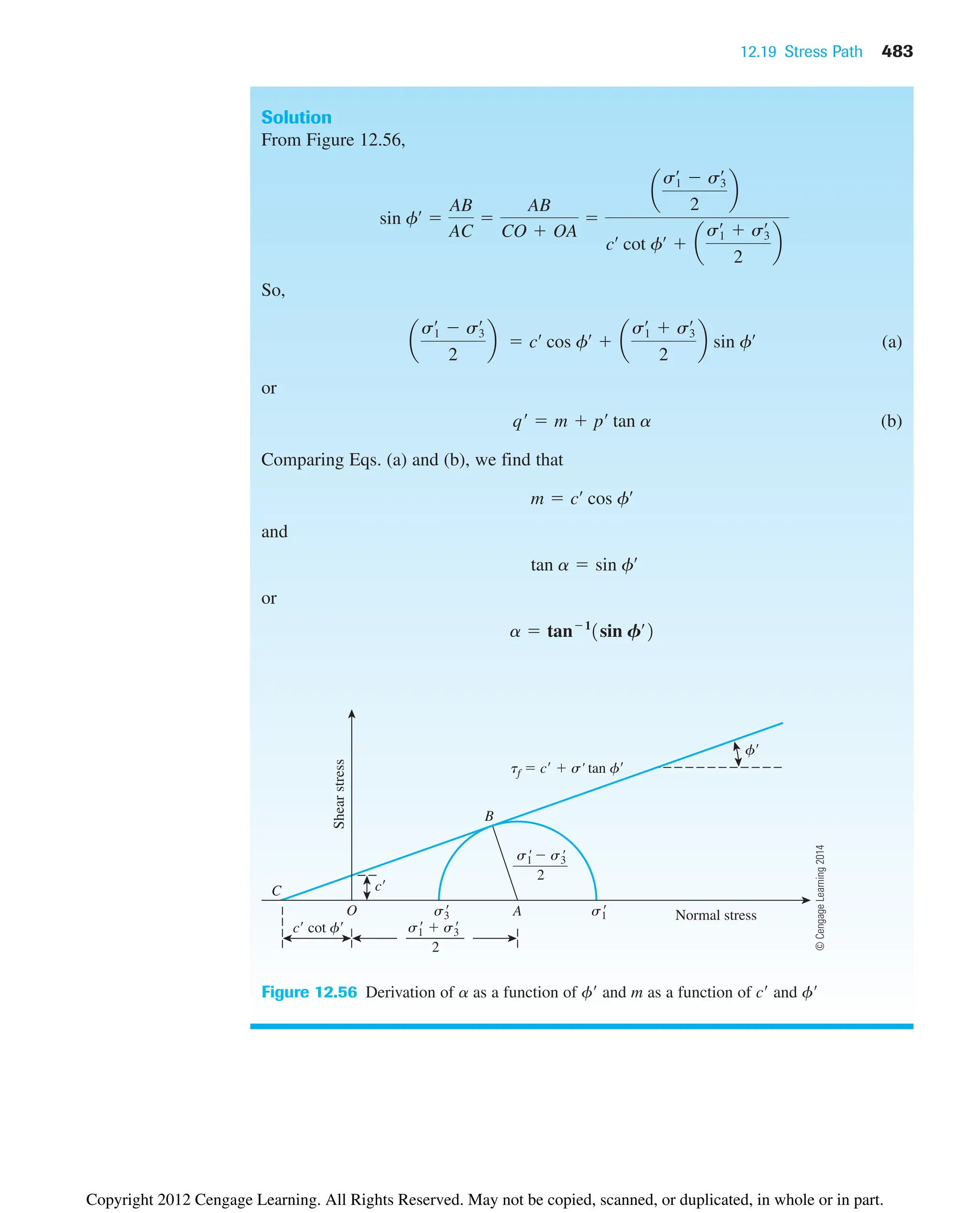 12.19 Stress Path 483
Solution
From Figure 12.56,
So,
(a)
or
(b)
Comparing Eqs. (a) and (b), we find that
and
or
a  tan1
1sin Fœ
2
tan a  sin fœ
m  cœ
cos fœ
qœ
 m  pœ
tan a
a
s1
œ
 s3
œ
2
b  cœ
cos fœ
 a
s1
œ
 s3
œ
2
b sin fœ
sin fœ

AB
AC

AB
CO  OA

a
s1
œ
 s3
œ
2
b
cœ
cot fœ
 a
s1
œ
 s3
œ
2
b
Normal stress
C
O
Shear
stress
A
B
f
tf  c  s' tan f
c
s1
  s3

2
s1
'  s3
'
2
c cot f
s1

s3

Figure 12.56 Derivation of a as a function of f and m as a function of c and f
©
Cengage
Learning
2014
Copyright 2012 Cengage Learning. All Rights Reserved. May not be copied, scanned, or duplicated, in whole or in part.
 