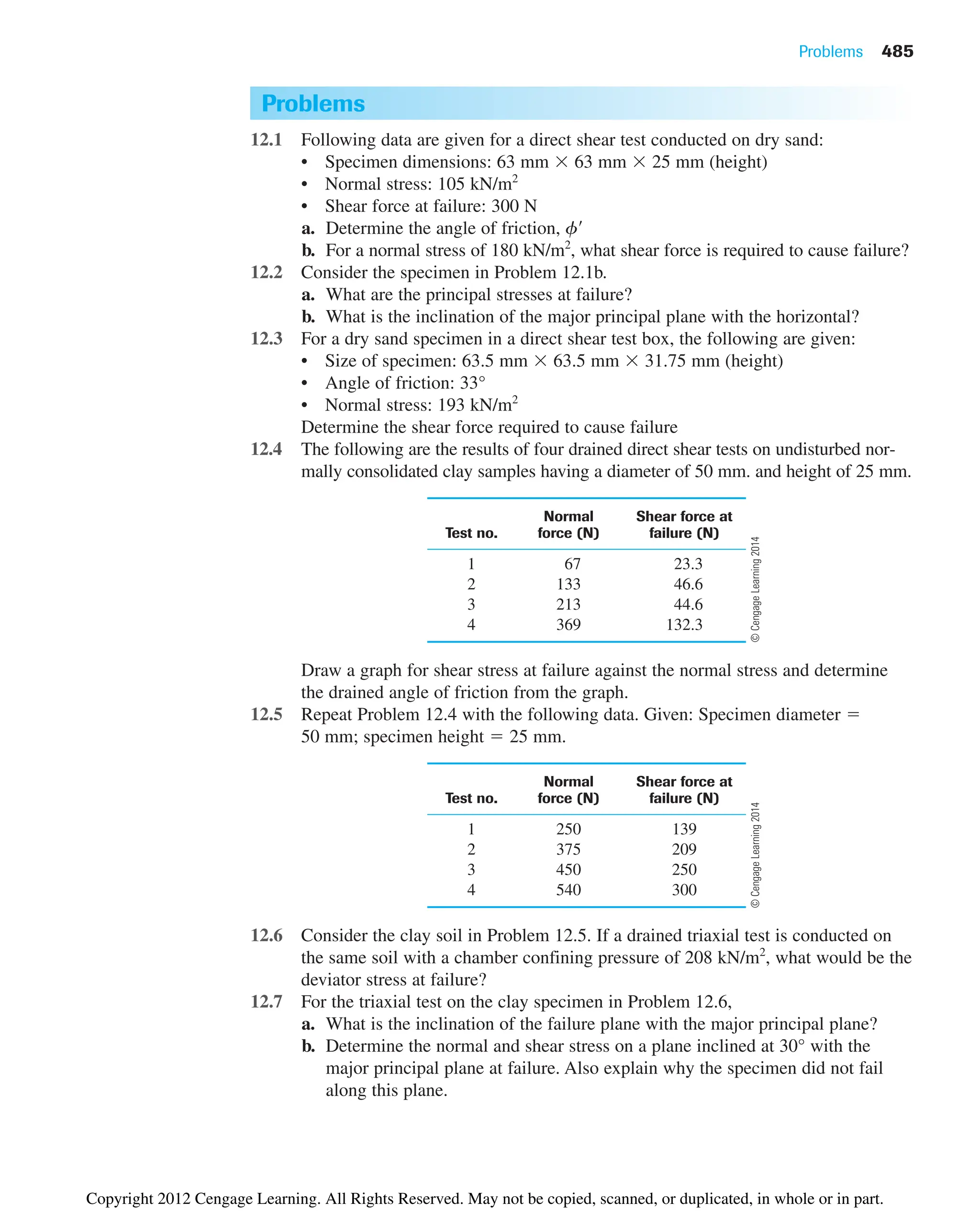Problems 485
Problems
12.1 Following data are given for a direct shear test conducted on dry sand:
• Specimen dimensions: 63 mm  63 mm  25 mm (height)
• Normal stress: 105 kN/m2
• Shear force at failure: 300 N
a. Determine the angle of friction, f
b. For a normal stress of 180 kN/m2
, what shear force is required to cause failure?
12.2 Consider the specimen in Problem 12.1b.
a. What are the principal stresses at failure?
b. What is the inclination of the major principal plane with the horizontal?
12.3 For a dry sand specimen in a direct shear test box, the following are given:
• Size of specimen: 63.5 mm  63.5 mm  31.75 mm (height)
• Angle of friction: 33°
• Normal stress: 193 kN/m2
Determine the shear force required to cause failure
12.4 The following are the results of four drained direct shear tests on undisturbed nor-
mally consolidated clay samples having a diameter of 50 mm. and height of 25 mm.
Normal Shear force at
Test no. force (N) failure (N)
1 67 23.3
2 133 46.6
3 213 44.6
4 369 132.3
Draw a graph for shear stress at failure against the normal stress and determine
the drained angle of friction from the graph.
12.5 Repeat Problem 12.4 with the following data. Given: Specimen diameter 
50 mm; specimen height  25 mm.
Normal Shear force at
Test no. force (N) failure (N)
1 250 139
2 375 209
3 450 250
4 540 300
12.6 Consider the clay soil in Problem 12.5. If a drained triaxial test is conducted on
the same soil with a chamber confining pressure of 208 kN/m2
, what would be the
deviator stress at failure?
12.7 For the triaxial test on the clay specimen in Problem 12.6,
a. What is the inclination of the failure plane with the major principal plane?
b. Determine the normal and shear stress on a plane inclined at 30° with the
major principal plane at failure. Also explain why the specimen did not fail
along this plane.
©
Cengage
Learning
2014
©
Cengage
Learning
2014
Copyright 2012 Cengage Learning. All Rights Reserved. May not be copied, scanned, or duplicated, in whole or in part.
 