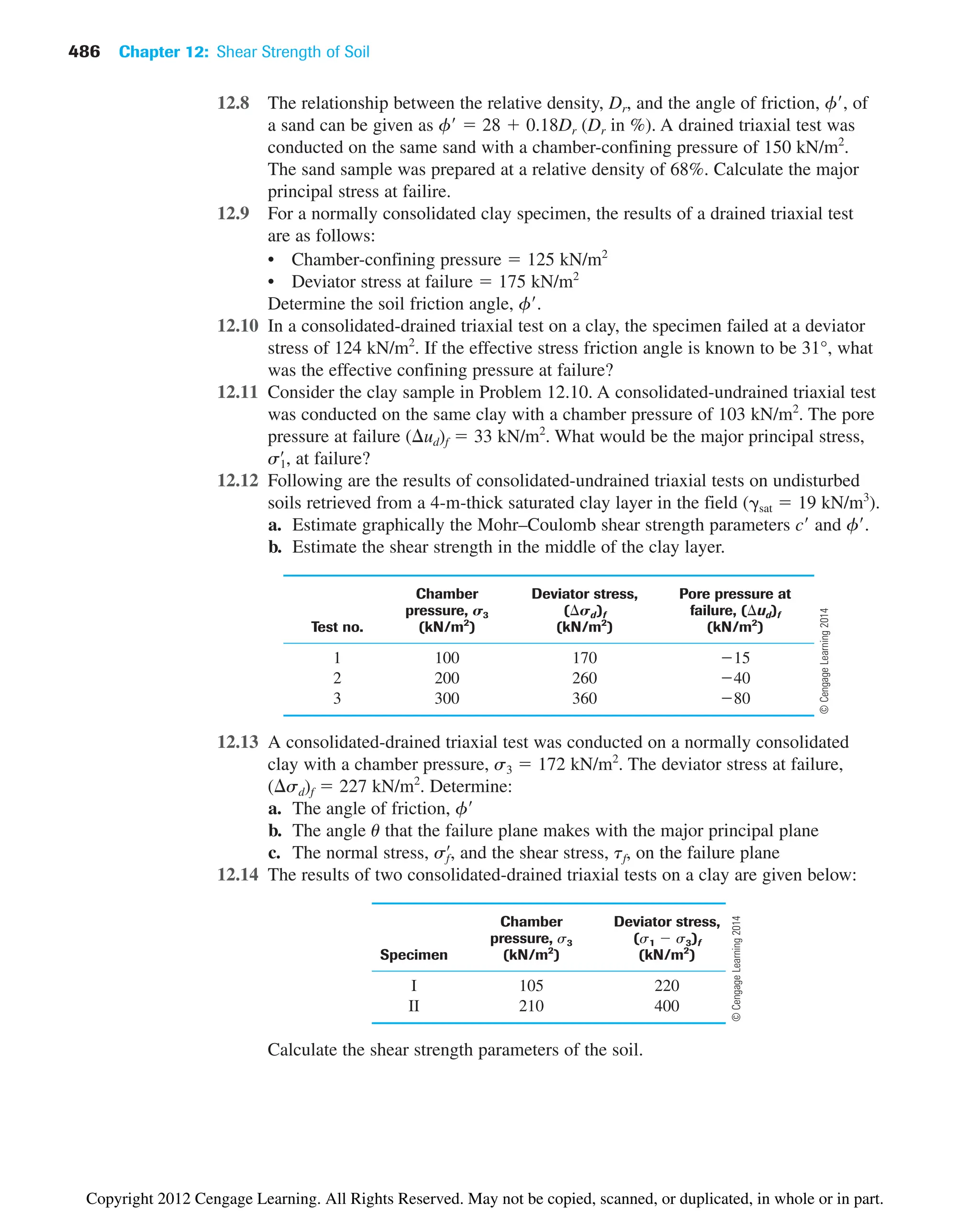 486 Chapter 12: Shear Strength of Soil
12.8 The relationship between the relative density, Dr, and the angle of friction, f, of
a sand can be given as f  28  0.18Dr (Dr in %). A drained triaxial test was
conducted on the same sand with a chamber-confining pressure of 150 kN/m2
.
The sand sample was prepared at a relative density of 68%. Calculate the major
principal stress at failire.
12.9 For a normally consolidated clay specimen, the results of a drained triaxial test
are as follows:
• Chamber-confining pressure  125 kN/m2
• Deviator stress at failure  175 kN/m2
Determine the soil friction angle, f.
12.10 In a consolidated-drained triaxial test on a clay, the specimen failed at a deviator
stress of 124 kN/m2
. If the effective stress friction angle is known to be 31°, what
was the effective confining pressure at failure?
12.11 Consider the clay sample in Problem 12.10. A consolidated-undrained triaxial test
was conducted on the same clay with a chamber pressure of 103 kN/m2
. The pore
pressure at failure ( ud)f  33 kN/m2
. What would be the major principal stress,
, at failure?
12.12 Following are the results of consolidated-undrained triaxial tests on undisturbed
soils retrieved from a 4-m-thick saturated clay layer in the field (sat  19 kN/m3
).
a. Estimate graphically the Mohr–Coulomb shear strength parameters c and f.
b. Estimate the shear strength in the middle of the clay layer.
Chamber Deviator stress, Pore pressure at
pressure, s3 ( sd)f failure, ( ud)f
Test no. (kN/m2
) (kN/m2
) (kN/m2
)
1 100 170 15
2 200 260 40
3 300 360 80
12.13 A consolidated-drained triaxial test was conducted on a normally consolidated
clay with a chamber pressure, s3  172 kN/m2
. The deviator stress at failure,
( sd)f  227 kN/m2
. Determine:
a. The angle of friction, f
b. The angle u that the failure plane makes with the major principal plane
c. The normal stress, , and the shear stress, tf, on the failure plane
12.14 The results of two consolidated-drained triaxial tests on a clay are given below:
Chamber Deviator stress,
pressure, s3 (s1  s3)f
Specimen (kN/m2
) (kN/m2
)
I 105 220
II 210 400
Calculate the shear strength parameters of the soil.
sf
œ
s1
œ
©
Cengage
Learning
2014
©
Cengage
Learning
2014
Copyright 2012 Cengage Learning. All Rights Reserved. May not be copied, scanned, or duplicated, in whole or in part.
 