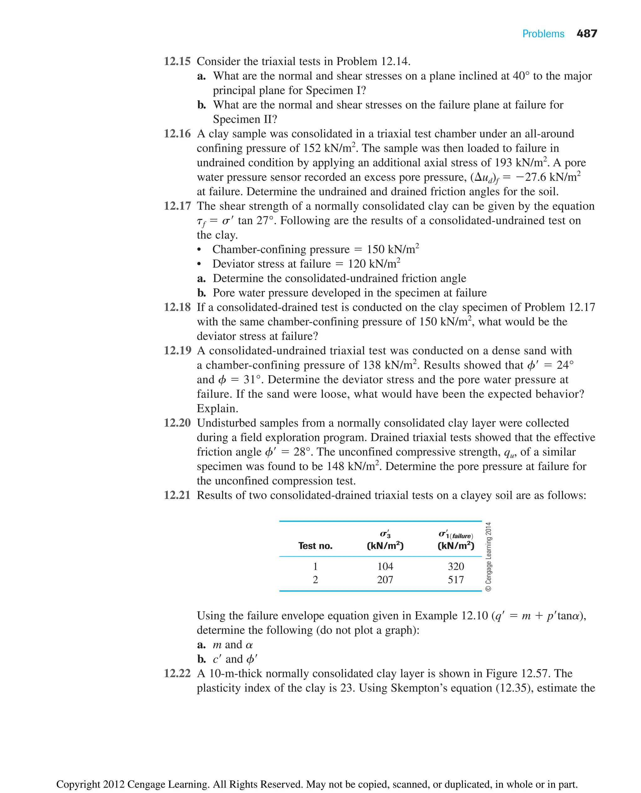 Problems 487
12.15 Consider the triaxial tests in Problem 12.14.
a. What are the normal and shear stresses on a plane inclined at 40° to the major
principal plane for Specimen I?
b. What are the normal and shear stresses on the failure plane at failure for
Specimen II?
12.16 A clay sample was consolidated in a triaxial test chamber under an all-around
confining pressure of 152 kN/m2
. The sample was then loaded to failure in
undrained condition by applying an additional axial stress of 193 kN/m2
. A pore
water pressure sensor recorded an excess pore pressure, ( ud)f  27.6 kN/m2
at failure. Determine the undrained and drained friction angles for the soil.
12.17 The shear strength of a normally consolidated clay can be given by the equation
tf  s tan 27°. Following are the results of a consolidated-undrained test on
the clay.
• Chamber-confining pressure  150 kN/m2
• Deviator stress at failure  120 kN/m2
a. Determine the consolidated-undrained friction angle
b. Pore water pressure developed in the specimen at failure
12.18 If a consolidated-drained test is conducted on the clay specimen of Problem 12.17
with the same chamber-confining pressure of 150 kN/m2
, what would be the
deviator stress at failure?
12.19 A consolidated-undrained triaxial test was conducted on a dense sand with
a chamber-confining pressure of 138 kN/m2
. Results showed that f  24°
and f  31°. Determine the deviator stress and the pore water pressure at
failure. If the sand were loose, what would have been the expected behavior?
Explain.
12.20 Undisturbed samples from a normally consolidated clay layer were collected
during a field exploration program. Drained triaxial tests showed that the effective
friction angle f  28°. The unconfined compressive strength, qu, of a similar
specimen was found to be 148 kN/m2
. Determine the pore pressure at failure for
the unconfined compression test.
12.21 Results of two consolidated-drained triaxial tests on a clayey soil are as follows:
Test no. (kN/m2
) (kN/m2
)
1 104 320
2 207 517
Using the failure envelope equation given in Example 12.10 (q  m  ptana),
determine the following (do not plot a graph):
a. m and a
b. c and f
12.22 A 10-m-thick normally consolidated clay layer is shown in Figure 12.57. The
plasticity index of the clay is 23. Using Skempton’s equation (12.35), estimate the
S11failure2
œ
S3
œ
©
Cengage
Learning
2014
Copyright 2012 Cengage Learning. All Rights Reserved. May not be copied, scanned, or duplicated, in whole or in part.
 