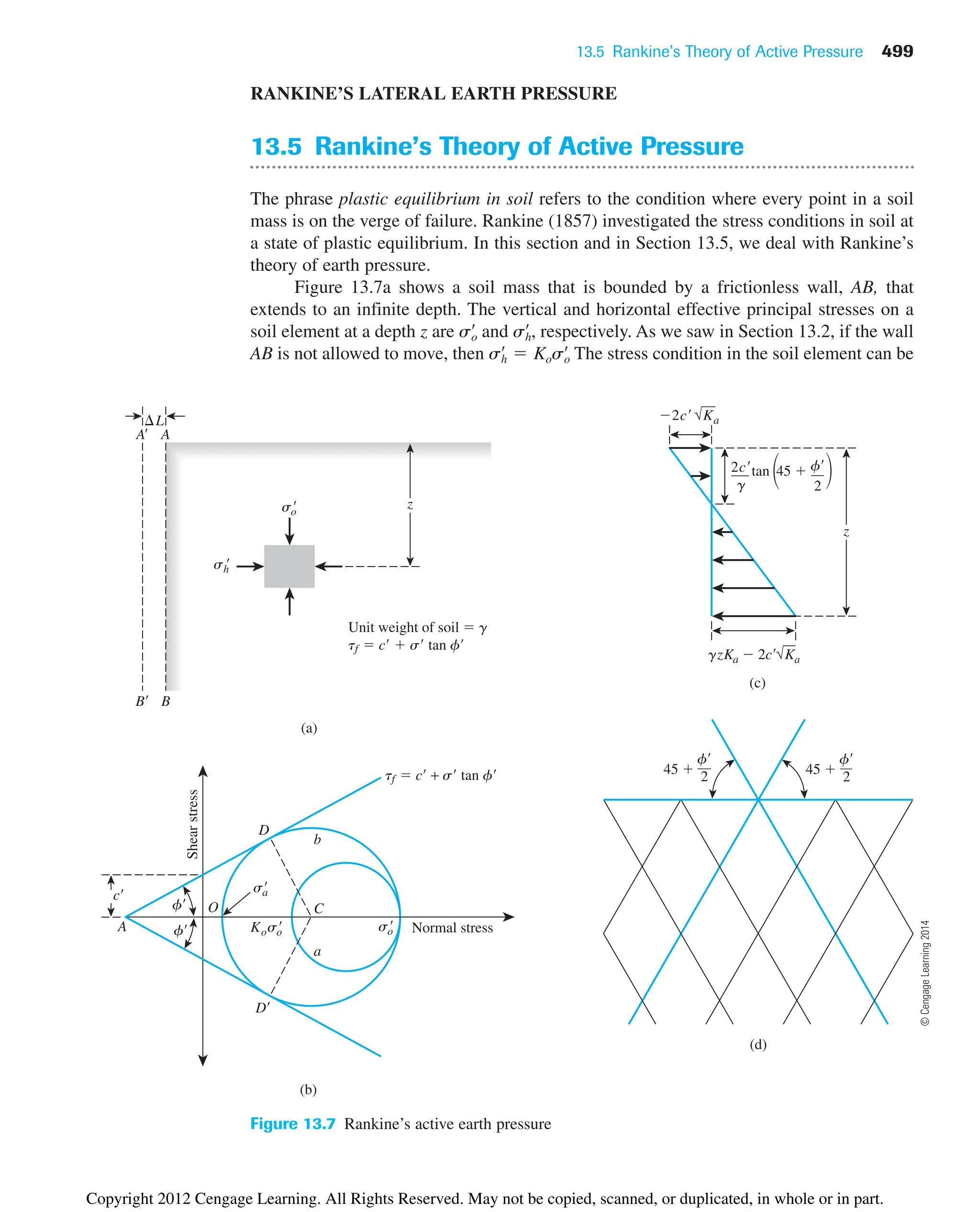 13.5 Rankine’s Theory of Active Pressure 499
RANKINE’S LATERAL EARTH PRESSURE
13.5 Rankine’s Theory of Active Pressure
The phrase plastic equilibrium in soil refers to the condition where every point in a soil
mass is on the verge of failure. Rankine (1857) investigated the stress conditions in soil at
a state of plastic equilibrium. In this section and in Section 13.5, we deal with Rankine’s
theory of earth pressure.
Figure 13.7a shows a soil mass that is bounded by a frictionless wall, AB, that
extends to an infinite depth. The vertical and horizontal effective principal stresses on a
soil element at a depth z are and respectively. As we saw in Section 13.2, if the wall
AB is not allowed to move, then The stress condition in the soil element can be
sh
œ
 Koso
œ
sh
œ
,
so
œ
A
B
so

sh

z
Unit weight of soil  g
tf  c  s tan f
A
B
L
(a)
(b)
Normal stress
Shear
stress
A
f
f
c
O
sa

D
D
Koso

C
so

b
a
tf  c + s tan f
(d)
f
2
45 
(c)
z
gzKa  2c√Ka
f
2
45 
2c√Ka
2c
g
tan 45  f
2
冣
冢
Figure 13.7 Rankine’s active earth pressure
©
Cengage
Learning
2014
Copyright 2012 Cengage Learning. All Rights Reserved. May not be copied, scanned, or duplicated, in whole or in part.
 