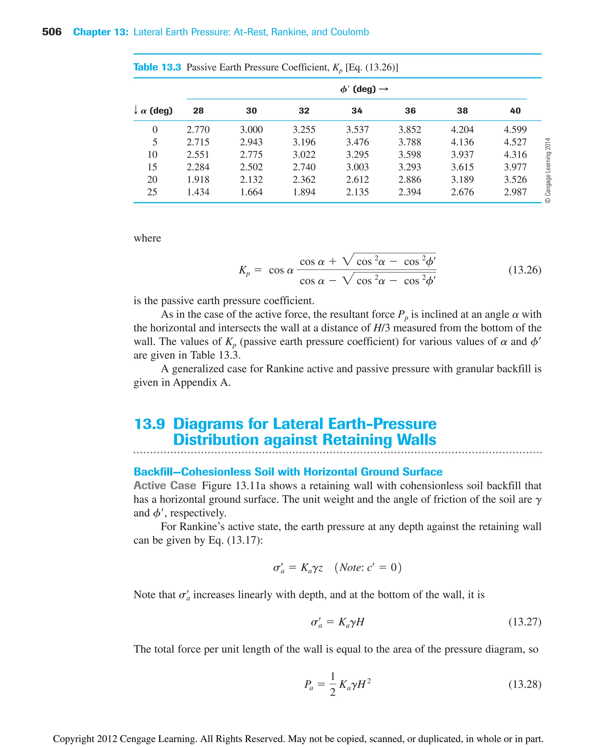 506 Chapter 13: Lateral Earth Pressure: At-Rest, Rankine, and Coulomb
Table 13.3 Passive Earth Pressure Coefficient, Kp [Eq. (13.26)]
F (deg) B
T A (deg) 28 30 32 34 36 38 40
0 2.770 3.000 3.255 3.537 3.852 4.204 4.599
5 2.715 2.943 3.196 3.476 3.788 4.136 4.527
10 2.551 2.775 3.022 3.295 3.598 3.937 4.316
15 2.284 2.502 2.740 3.003 3.293 3.615 3.977
20 1.918 2.132 2.362 2.612 2.886 3.189 3.526
25 1.434 1.664 1.894 2.135 2.394 2.676 2.987
where
(13.26)
is the passive earth pressure coefficient.
As in the case of the active force, the resultant force Pp is inclined at an angle a with
the horizontal and intersects the wall at a distance of H/3 measured from the bottom of the
wall. The values of Kp (passive earth pressure coefficient) for various values of a and f
are given in Table 13.3.
A generalized case for Rankine active and passive pressure with granular backfill is
given in Appendix A.
13.9 Diagrams for Lateral Earth-Pressure
Distribution against Retaining Walls
Backfill—Cohesionless Soil with Horizontal Ground Surface
Active Case Figure 13.11a shows a retaining wall with cohensionless soil backfill that
has a horizontal ground surface. The unit weight and the angle of friction of the soil are g
and f, respectively.
For Rankine’s active state, the earth pressure at any depth against the retaining wall
can be given by Eq. (13.17):
Note that increases linearly with depth, and at the bottom of the wall, it is
(13.27)
The total force per unit length of the wall is equal to the area of the pressure diagram, so
(13.28)
Pa 
1
2
KagH2
sa
œ
 KagH
sa
œ
sa
œ
 Kagz 1Note: cœ
 02
Kp  cos a
cos a  2 cos 2
a  cos 2
fœ
cos a  2 cos 2
a  cos 2
fœ
©
Cengage
Learning
2014
Copyright 2012 Cengage Learning. All Rights Reserved. May not be copied, scanned, or duplicated, in whole or in part.
 