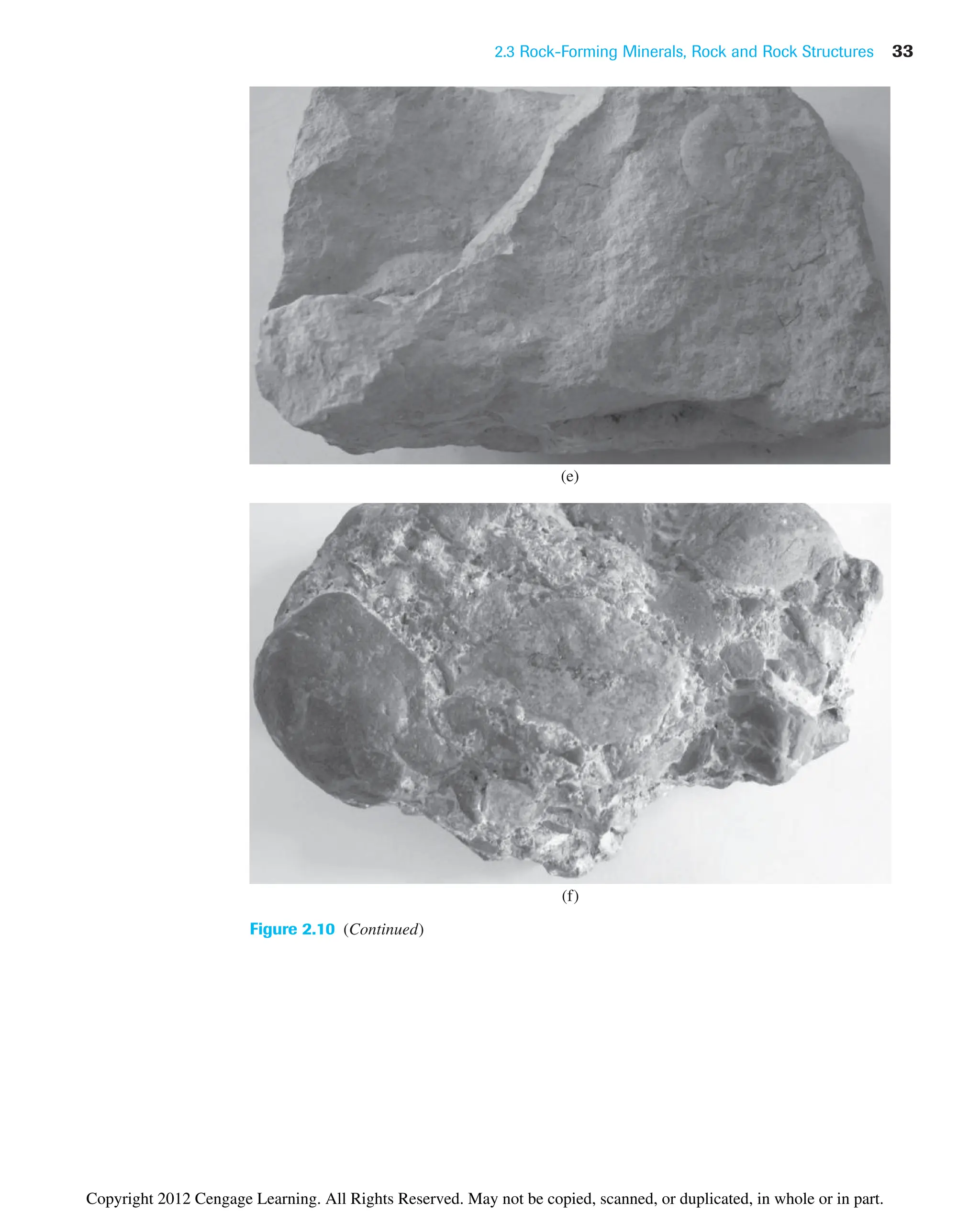 2.3 Rock-Forming Minerals, Rock and Rock Structures 33
Figure 2.10 (Continued)
(e)
(f)
Copyright 2012 Cengage Learning. All Rights Reserved. May not be copied, scanned, or duplicated, in whole or in part.
 
