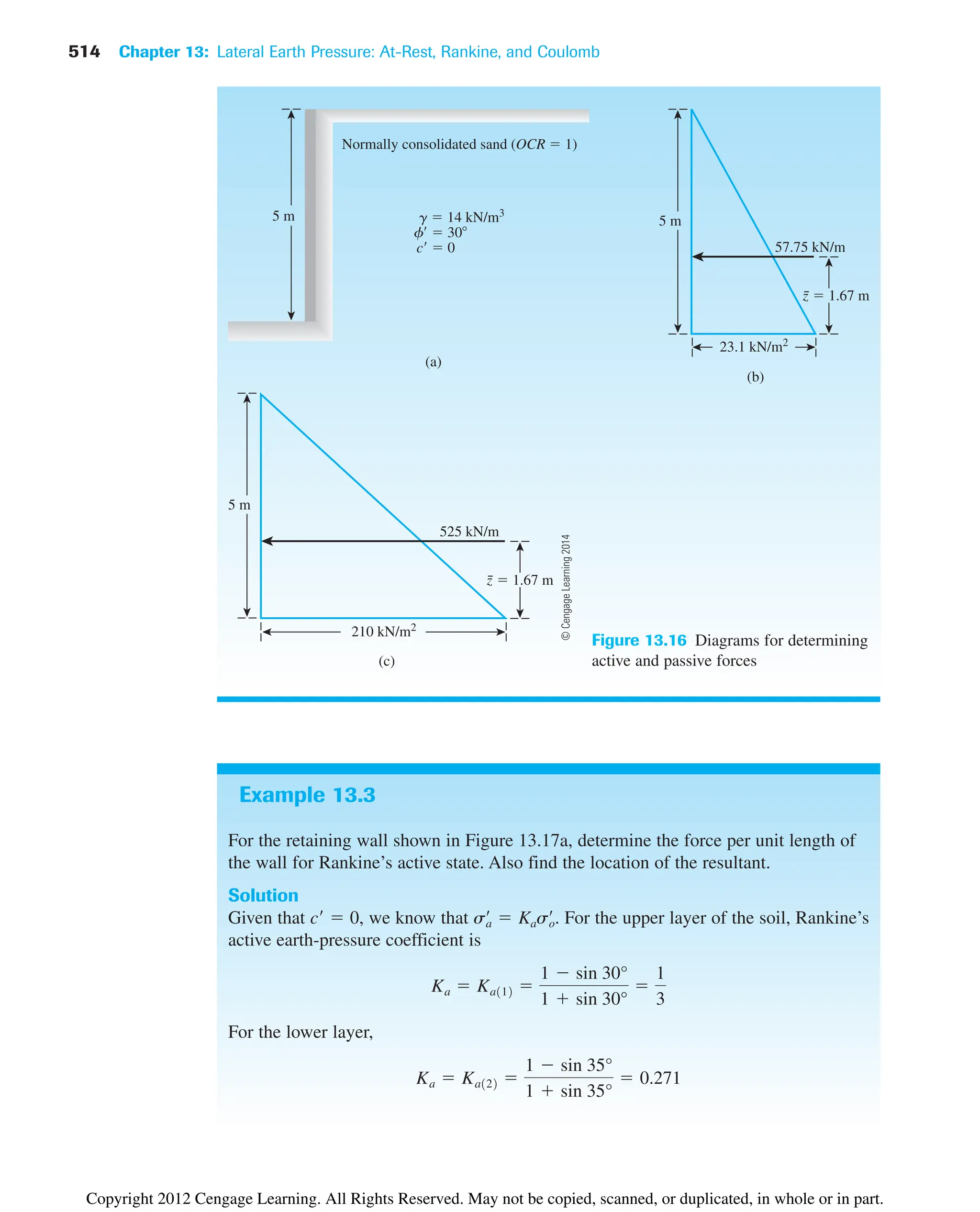 514 Chapter 13: Lateral Earth Pressure: At-Rest, Rankine, and Coulomb
Example 13.3
For the retaining wall shown in Figure 13.17a, determine the force per unit length of
the wall for Rankine’s active state. Also find the location of the resultant.
Solution
Given that c  0, we know that . For the upper layer of the soil, Rankine’s
active earth-pressure coefficient is
For the lower layer,
Ka  Ka122 
1  sin 35°
1  sin 35°
 0.271
Ka  Ka112 
1  sin 30°
1  sin 30°

1
3
sa
œ
 Kaso
œ
(b)
5 m
23.1 kN/m2
z̄  1.67 m
57.75 kN/m
Figure 13.16 Diagrams for determining
active and passive forces
(a)
Normally consolidated sand (OCR  1)
5 m g  14 kN/m3
f  30
c  0
5 m
(c)
210 kN/m2
z̄  1.67 m
525 kN/m
©
Cengage
Learning
2014
Copyright 2012 Cengage Learning. All Rights Reserved. May not be copied, scanned, or duplicated, in whole or in part.
 