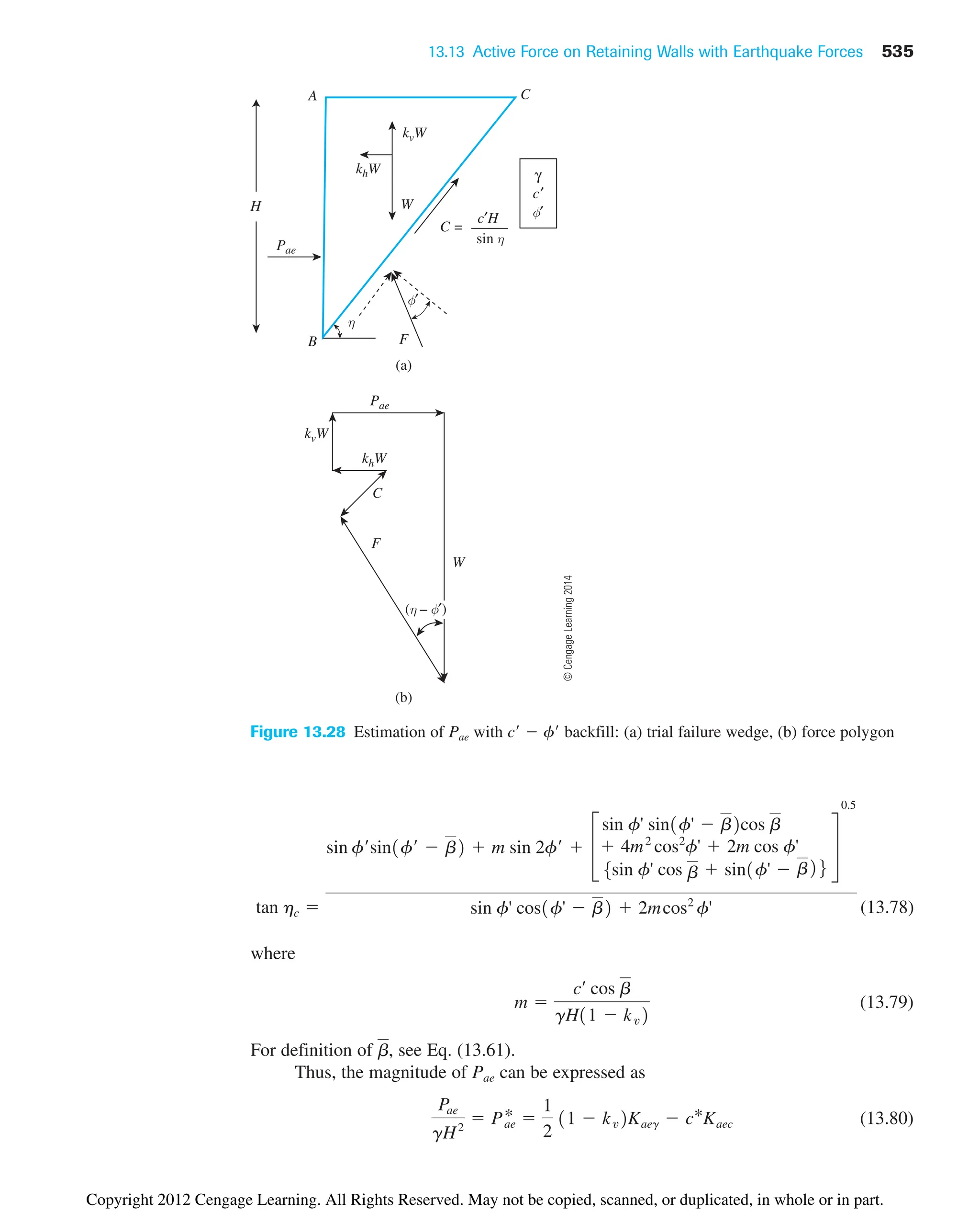 13.13 Active Force on Retaining Walls with Earthquake Forces 535
(13.78)
where
(13.79)
For definition of , see Eq. (13.61).
Thus, the magnitude of Pae can be expressed as
(13.80)
Pae
gH2
 Pae
* 
1
2
11  kv2Kaeg  c*Kaec
b
m 
cœ
cos b
gH11  kv2
tan hc 
sin f¿sin1f¿  b2  m sin 2f¿  £
sin f' sin1f'  b2cos b
 4m2
cos2
f'  2m cos f'
5sin f' cos b  sin1f'  b26
§
0.5
sin f' cos1f'  b2  2mcos2
f'
Pae
Pae
kvW
kvW
khW
C
F
W
(b)
(a)
B
A C
F
W
C =
c′H
sin η
H
khW
(η – φ′)
η
φ′
γ
φ′
c′
Figure 13.28 Estimation of Pae with c  f backfill: (a) trial failure wedge, (b) force polygon
©
Cengage
Learning
2014
Copyright 2012 Cengage Learning. All Rights Reserved. May not be copied, scanned, or duplicated, in whole or in part.
 