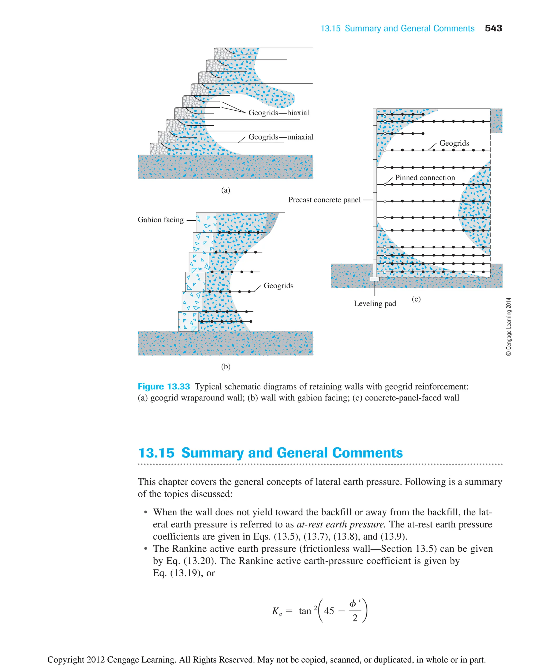 13.15 Summary and General Comments 543
Geogrids—biaxial
Geogrids—uniaxial
Geogrids
Gabion facing
Leveling pad
Precast concrete panel
(a)
(b)
(c)
Pinned connection
Geogrids
Figure 13.33 Typical schematic diagrams of retaining walls with geogrid reinforcement:
(a) geogrid wraparound wall; (b) wall with gabion facing; (c) concrete-panel-faced wall
13.15 Summary and General Comments
This chapter covers the general concepts of lateral earth pressure. Following is a summary
of the topics discussed:
• When the wall does not yield toward the backfill or away from the backfill, the lat-
eral earth pressure is referred to as at-rest earth pressure. The at-rest earth pressure
coefficients are given in Eqs. (13.5), (13.7), (13.8), and (13.9).
• The Rankine active earth pressure (frictionless wall—Section 13.5) can be given
by Eq. (13.20). The Rankine active earth-pressure coefficient is given by
Eq. (13.19), or
Ka  tan 2
a45 
f œ
2
b
©
Cengage
Learning
2014
Copyright 2012 Cengage Learning. All Rights Reserved. May not be copied, scanned, or duplicated, in whole or in part.
 