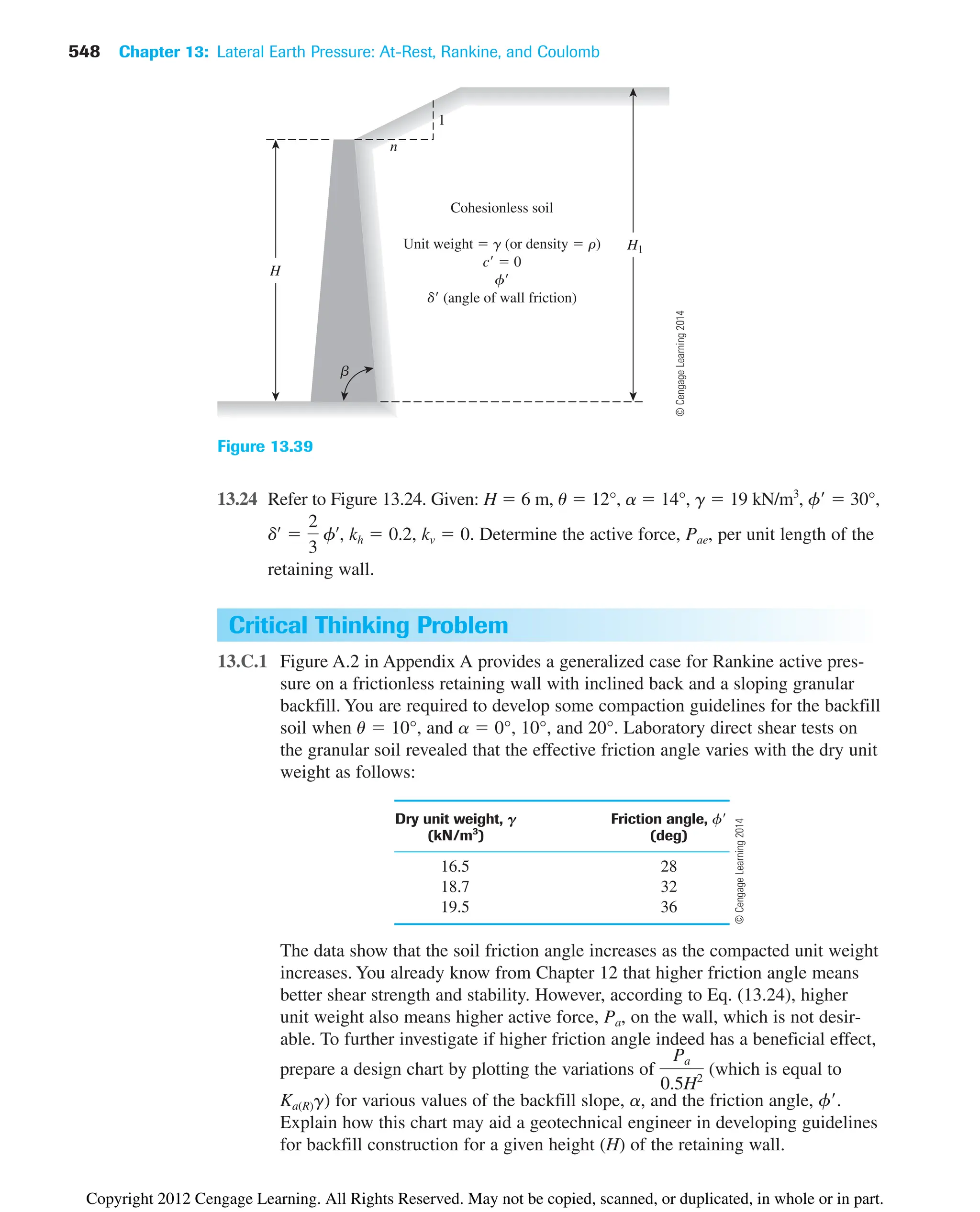 548 Chapter 13: Lateral Earth Pressure: At-Rest, Rankine, and Coulomb
Critical Thinking Problem
13.C.1 Figure A.2 in Appendix A provides a generalized case for Rankine active pres-
sure on a frictionless retaining wall with inclined back and a sloping granular
backfill. You are required to develop some compaction guidelines for the backfill
soil when u  10°, and a  0°, 10°, and 20°. Laboratory direct shear tests on
the granular soil revealed that the effective friction angle varies with the dry unit
weight as follows:
Dry unit weight, G Friction angle, f
(kN/m3
) (deg)
16.5 28
18.7 32
19.5 36
The data show that the soil friction angle increases as the compacted unit weight
increases. You already know from Chapter 12 that higher friction angle means
better shear strength and stability. However, according to Eq. (13.24), higher
unit weight also means higher active force, Pa, on the wall, which is not desir-
able. To further investigate if higher friction angle indeed has a beneficial effect,
Cohesionless soil
Unit weight  g (or density  r)
c  0
f
d (angle of wall friction)
n
1
H1
b
H
Figure 13.39
13.24 Refer to Figure 13.24. Given: H  6 m, u  12°, a  14°, g  19 kN/m3
, f  30°,
, kh  0.2, kv  0. Determine the active force, Pae, per unit length of the
retaining wall.
dœ

2
3
fœ
prepare a design chart by plotting the variations of (which is equal to
Ka(R)g) for various values of the backfill slope, a, and the friction angle, f.
Explain how this chart may aid a geotechnical engineer in developing guidelines
for backfill construction for a given height (H) of the retaining wall.
Pa
0.5H2
©
Cengage
Learning
2014
©
Cengage
Learning
2014
Copyright 2012 Cengage Learning. All Rights Reserved. May not be copied, scanned, or duplicated, in whole or in part.
 