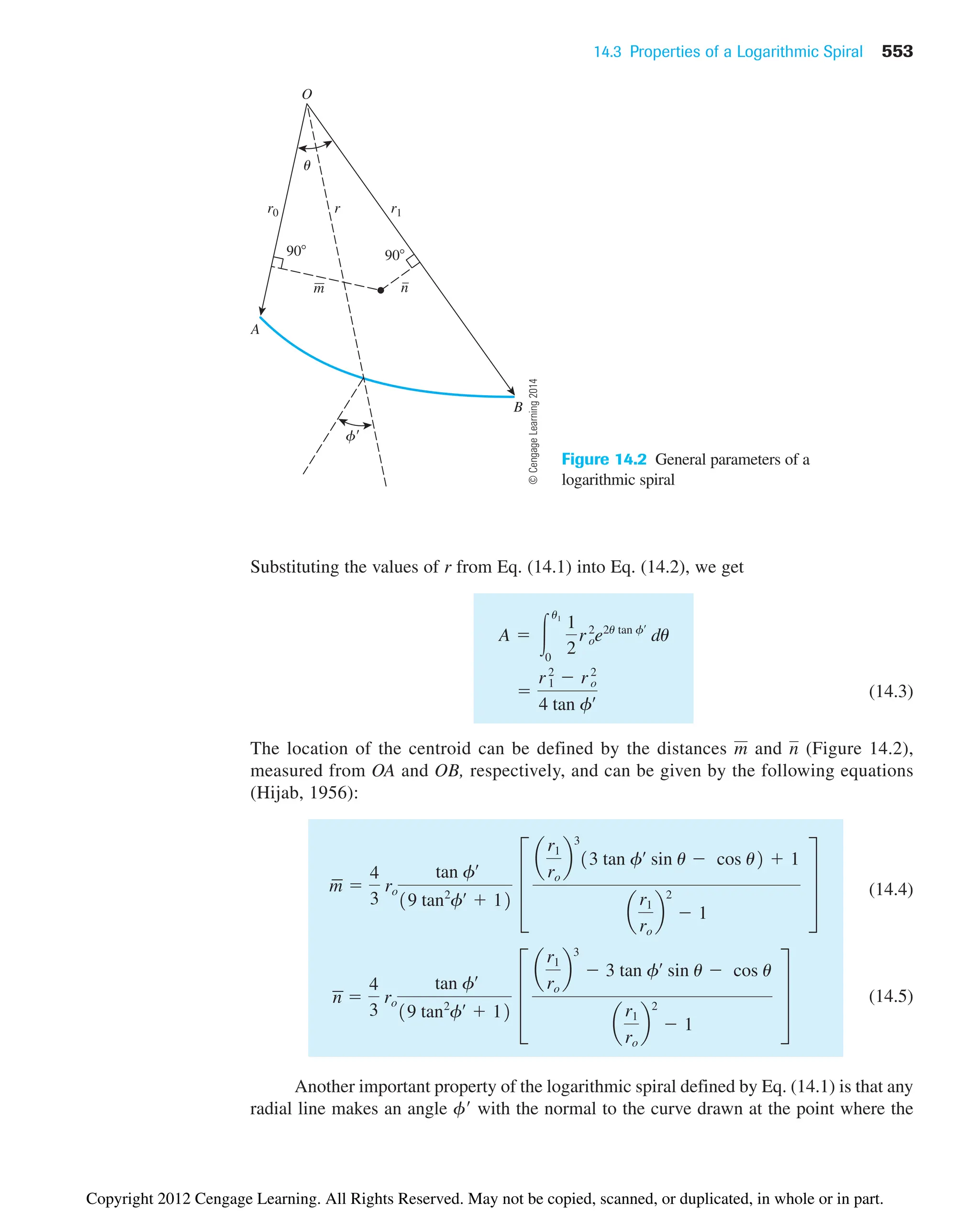 14.3 Properties of a Logarithmic Spiral 553
O
A
r0
B
r1
r
u
90 90
m n
f
Figure 14.2 General parameters of a
logarithmic spiral
Substituting the values of r from Eq. (14.1) into Eq. (14.2), we get
(14.3)
The location of the centroid can be defined by the distances and (Figure 14.2),
measured from OA and OB, respectively, and can be given by the following equations
(Hijab, 1956):
(14.4)
(14.5)
Another important property of the logarithmic spiral defined by Eq. (14.1) is that any
radial line makes an angle f with the normal to the curve drawn at the point where the

n 
4
3
ro
tan fœ
19 tan2
fœ
 12
≥
a
r1
ro
b
3
 3 tan fœ
sin u  cos u
a
r1
ro
b
2
 1
¥

m 
4
3
ro
tan fœ
19 tan2
fœ
 12
≥
a
r1
ro
b
3
13 tan fœ
sin u  cos u2  1
a
r1
ro
b
2
 1
¥
n
m

r1
2
 ro
2
4 tan fœ
A  冮
u1
0
1
2
ro
2
e2u tan f¿
du
©
Cengage
Learning
2014
Copyright 2012 Cengage Learning. All Rights Reserved. May not be copied, scanned, or duplicated, in whole or in part.
 