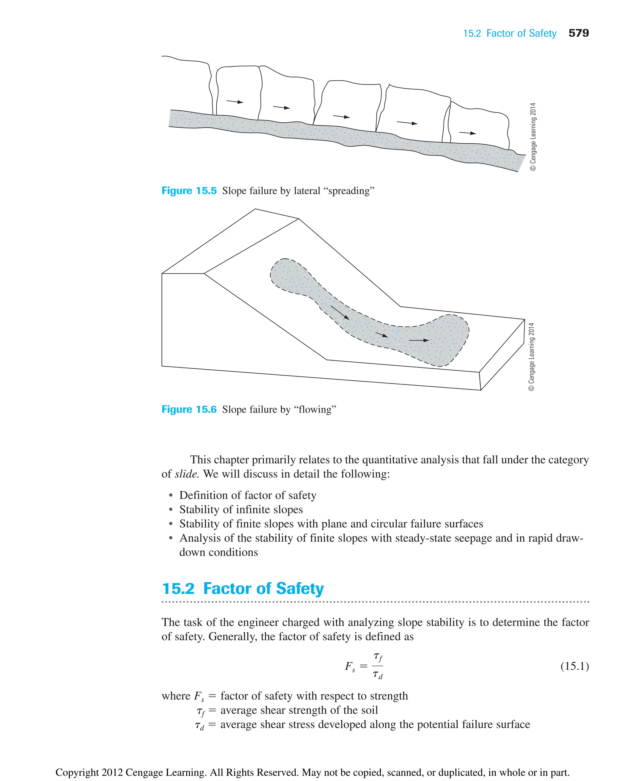 15.2 Factor of Safety 579
This chapter primarily relates to the quantitative analysis that fall under the category
of slide. We will discuss in detail the following:
• Definition of factor of safety
• Stability of infinite slopes
• Stability of finite slopes with plane and circular failure surfaces
• Analysis of the stability of finite slopes with steady-state seepage and in rapid draw-
down conditions
15.2 Factor of Safety
The task of the engineer charged with analyzing slope stability is to determine the factor
of safety. Generally, the factor of safety is defined as
(15.1)
where Fs  factor of safety with respect to strength
tf  average shear strength of the soil
td  average shear stress developed along the potential failure surface
Fs 
tf
td
Figure 15.5 Slope failure by lateral “spreading”
Figure 15.6 Slope failure by “flowing”
©
Cengage
Learning
2014
©
Cengage
Learning
2014
Copyright 2012 Cengage Learning. All Rights Reserved. May not be copied, scanned, or duplicated, in whole or in part.
 