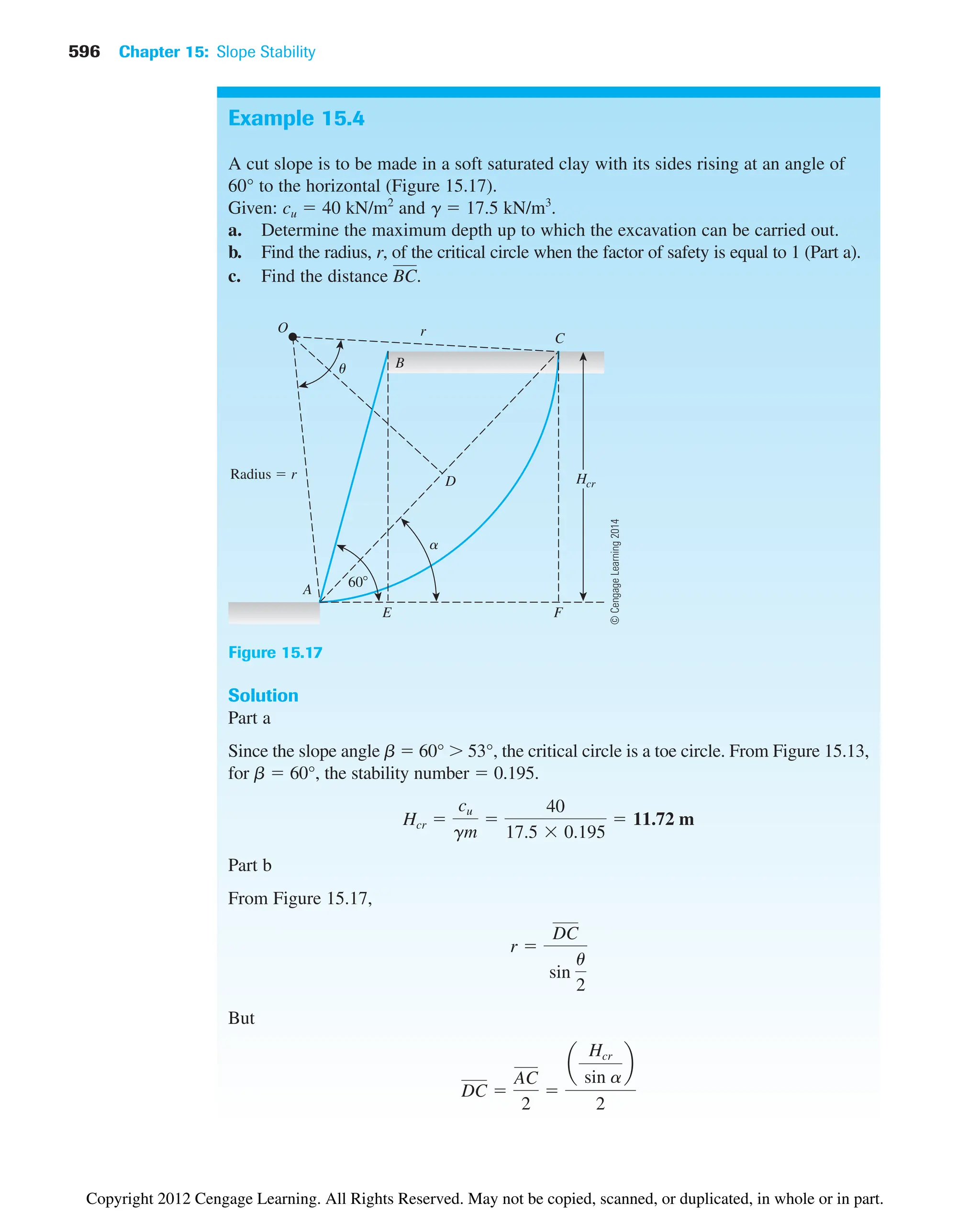 596 Chapter 15: Slope Stability
Example 15.4
A cut slope is to be made in a soft saturated clay with its sides rising at an angle of
60° to the horizontal (Figure 15.17).
Given: cu  40 kN/m2
and g  17.5 kN/m3
.
a. Determine the maximum depth up to which the excavation can be carried out.
b. Find the radius, r, of the critical circle when the factor of safety is equal to 1 (Part a).
c. Find the distance .
BC
Hcr
C
r
F
A
O
B
D
E
Radius  r
60
u
a
Figure 15.17
Solution
Part a
Since the slope angle b  60°  53°, the critical circle is a toe circle. From Figure 15.13,
for b  60°, the stability number  0.195.
Part b
From Figure 15.17,
But
DC 
AC
2

a
Hcr
sin a
b
2
r 
DC
sin
u
2
Hcr 
cu
gm

40
17.5  0.195
 11.72 m
©
Cengage
Learning
2014
Copyright 2012 Cengage Learning. All Rights Reserved. May not be copied, scanned, or duplicated, in whole or in part.
 