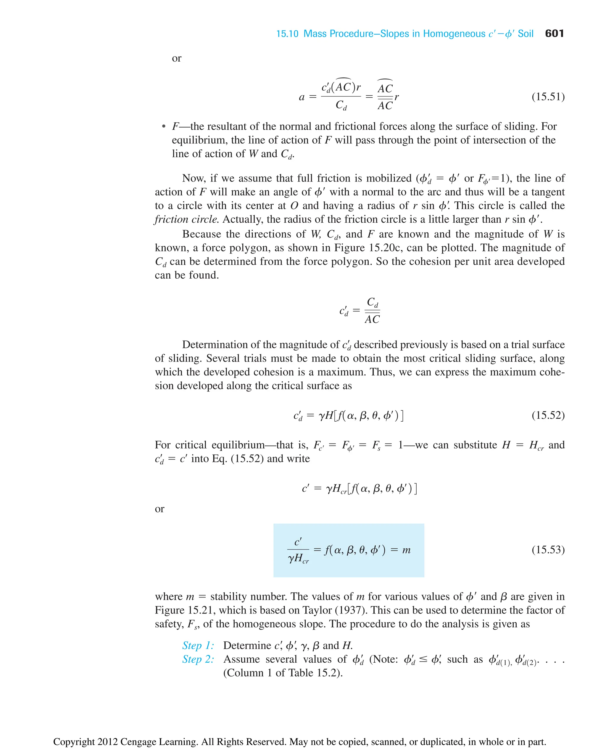 15.10 Mass Procedure—Slopes in Homogeneous Soil 601
c¿f¿
or
 
(15.51)
• F—the resultant of the normal and frictional forces along the surface of sliding. For
equilibrium, the line of action of F will pass through the point of intersection of the
line of action of W and Cd.
Now, if we assume that full friction is mobilized (f
d  f or Ff1), the line of
action of F will make an angle of f with a normal to the arc and thus will be a tangent
to a circle with its center at O and having a radius of r sin f
. This circle is called the
friction circle. Actually, the radius of the friction circle is a little larger than r sin f.
Because the directions of W, Cd, and F are known and the magnitude of W is
known, a force polygon, as shown in Figure 15.20c, can be plotted. The magnitude of
Cd can be determined from the force polygon. So the cohesion per unit area developed
can be found.
Determination of the magnitude of described previously is based on a trial surface
of sliding. Several trials must be made to obtain the most critical sliding surface, along
which the developed cohesion is a maximum. Thus, we can express the maximum cohe-
sion developed along the critical surface as
(15.52)
For critical equilibrium—that is, Fc  Ff  Fs  1—we can substitute H  Hcr and
into Eq. (15.52) and write
or
(15.53)
where m  stability number. The values of m for various values of f and b are given in
Figure 15.21, which is based on Taylor (1937). This can be used to determine the factor of
safety, Fs, of the homogeneous slope. The procedure to do the analysis is given as
Step 1: Determine c
, f
, g, b and H.
Step 2: Assume several values of f
d (Note: such as . . . .
(Column 1 of Table 15.2).
fd112,
œ
fd122
œ
fd
œ
fœ
,
cœ
gHcr
 f1a, b, u, fœ
2  m
cœ
 gHcr3f1a, b, u, fœ
24
cd
œ
 cœ
cd
œ
 gH3f1a, b, u, fœ
24
cd
œ
cd
œ

Cd
AC
a 
cœ
d1AC2r
Cd

AC
AC
r
Copyright 2012 Cengage Learning. All Rights Reserved. May not be copied, scanned, or duplicated, in whole or in part.
 