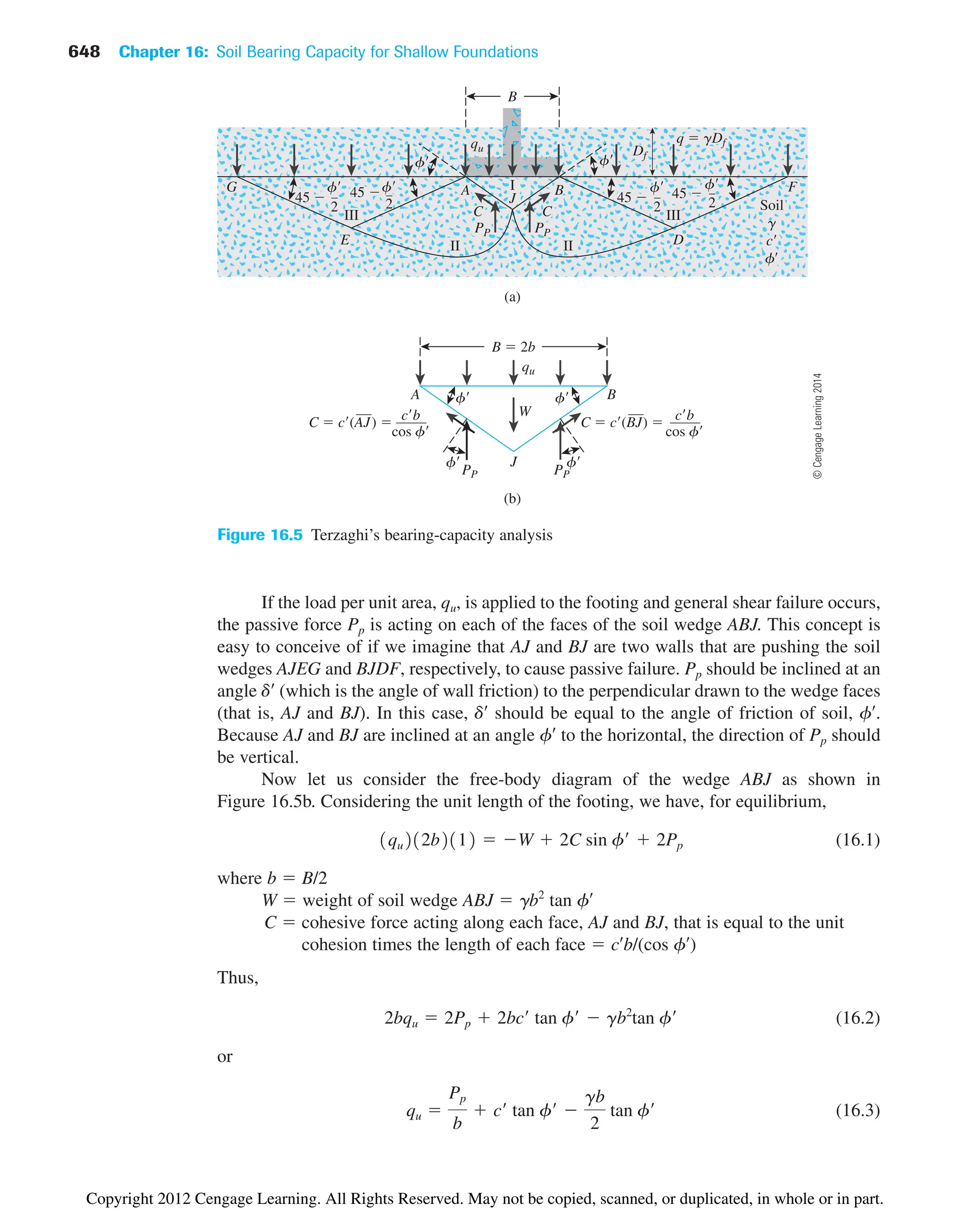 648 Chapter 16: Soil Bearing Capacity for Shallow Foundations
(b)
B  2b
qu
B
A
J
W
f f
f
f
PP PP
C  c(BJ)  cb
cos f
C  c(AJ)  cb
cos f
(a)
B
G
E II II
III III
D
F
Soil
g
c
f
C
B
A
C
f f
Df
PP
PP
q  gDf
45 
f
2
45 
f
2
45 
f
2
45 f
2
qu
J
I
Figure 16.5 Terzaghi’s bearing-capacity analysis
If the load per unit area, qu, is applied to the footing and general shear failure occurs,
the passive force Pp is acting on each of the faces of the soil wedge ABJ. This concept is
easy to conceive of if we imagine that AJ and BJ are two walls that are pushing the soil
wedges AJEG and BJDF, respectively, to cause passive failure. Pp should be inclined at an
angle ␦¿ (which is the angle of wall friction) to the perpendicular drawn to the wedge faces
(that is, AJ and BJ). In this case, ␦¿ should be equal to the angle of friction of soil, f¿.
Because AJ and BJ are inclined at an angle f¿ to the horizontal, the direction of Pp should
be vertical.
Now let us consider the free-body diagram of the wedge ABJ as shown in
Figure 16.5b. Considering the unit length of the footing, we have, for equilibrium,
(16.1)
where b  B/2
W  weight of soil wedge ABJ  ␥b2
tan f¿
C  cohesive force acting along each face, AJ and BJ, that is equal to the unit
cohesion times the length of each face  c¿b/(cos f¿)
Thus,
(16.2)
or
(16.3)
qu 
Pp
b
 c¿ tan f¿ 
gb
2
tan f¿
2bqu  2Pp  2bc¿ tan f¿  gb2
tan f¿
1qu212b2112  W  2C sin f¿  2Pp
©
Cengage
Learning
2014
Copyright 2012 Cengage Learning. All Rights Reserved. May not be copied, scanned, or duplicated, in whole or in part.
 