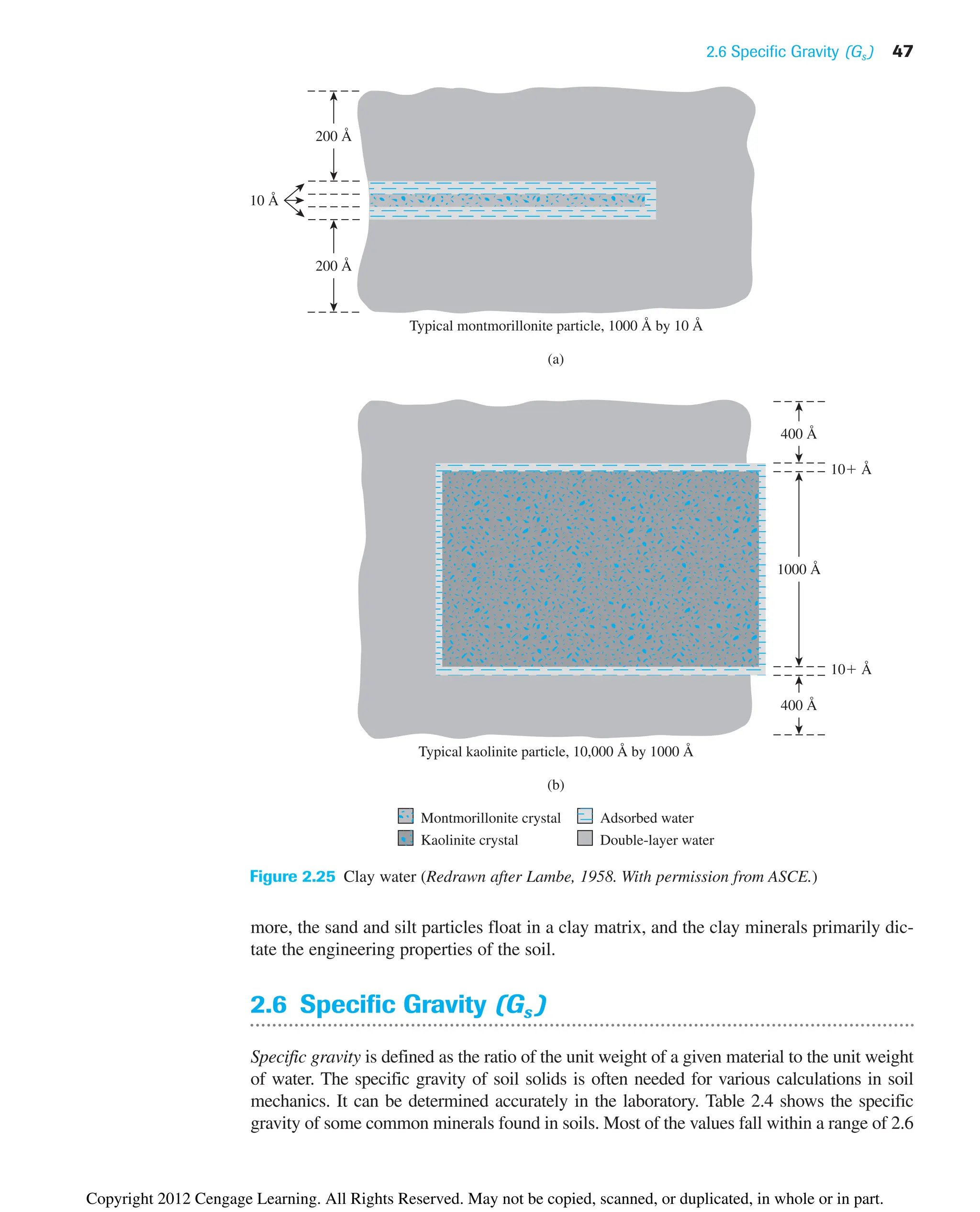 2.6 Specific Gravity (Gs ) 47
more, the sand and silt particles float in a clay matrix, and the clay minerals primarily dic-
tate the engineering properties of the soil.
2.6 Specific Gravity (Gs )
Specific gravity is defined as the ratio of the unit weight of a given material to the unit weight
of water. The specific gravity of soil solids is often needed for various calculations in soil
mechanics. It can be determined accurately in the laboratory. Table 2.4 shows the specific
gravity of some common minerals found in soils. Most of the values fall within a range of 2.6
200 Å
200 Å
10 Å
Typical montmorillonite particle, 1000 Å by 10 Å
(a)
Typical kaolinite particle, 10,000 Å by 1000 Å
(b)
1000 Å
400 Å
400 Å
10 Å
10 Å
Montmorillonite crystal Adsorbed water
Double-layer water
Kaolinite crystal
Figure 2.25 Clay water (Redrawn after Lambe, 1958. With permission from ASCE.)
Copyright 2012 Cengage Learning. All Rights Reserved. May not be copied, scanned, or duplicated, in whole or in part.
 