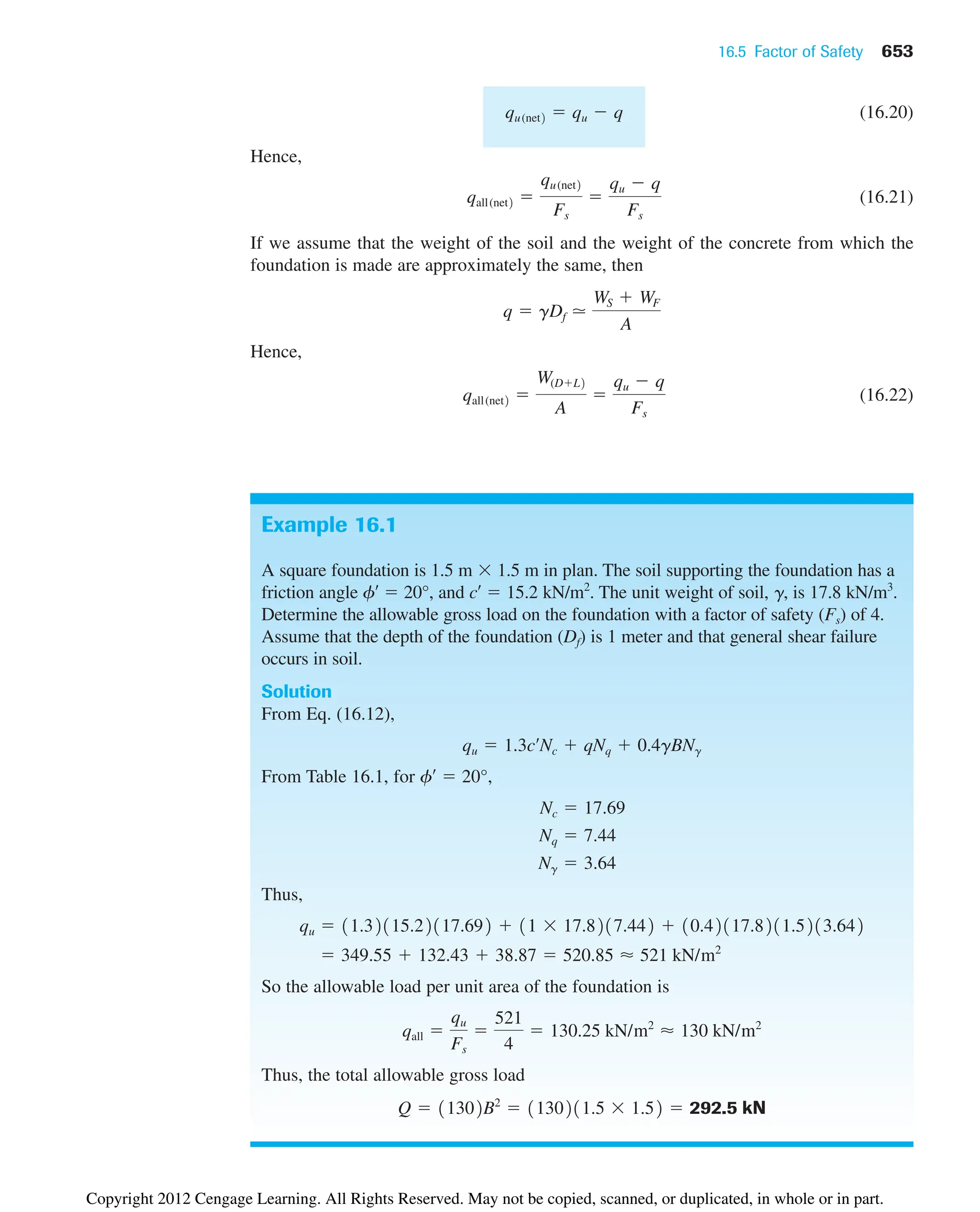 16.5 Factor of Safety 653
Example 16.1
A square foundation is 1.5 m  1.5 m in plan. The soil supporting the foundation has a
friction angle f¿  20°, and c¿  15.2 kN/m2
. The unit weight of soil, ␥, is 17.8 kN/m3
.
Determine the allowable gross load on the foundation with a factor of safety (Fs) of 4.
Assume that the depth of the foundation (Df) is 1 meter and that general shear failure
occurs in soil.
Solution
From Eq. (16.12),
From Table 16.1, for f¿  20°,
Thus,
So the allowable load per unit area of the foundation is
Thus, the total allowable gross load
Q  11302B2
 1130211.5  1.52  292.5 kN
qall 
qu
Fs

521
4
 130.25 kN/m2
⬇ 130 kN/m2
 349.55  132.43  38.87  520.85 ⬇ 521 kN/m2
qu  11.32115.22117.692  11  17.8217.442  10.42117.8211.5213.642
Ng  3.64
Nq  7.44
Nc  17.69
qu  1.3cœ
Nc  qNq  0.4gBNg
(16.20)
Hence,
(16.21)
If we assume that the weight of the soil and the weight of the concrete from which the
foundation is made are approximately the same, then
Hence,
(16.22)
qall(net2 
W(DL2
A

qu  q
Fs
q  gDf ⯝
WS  WF
A
qall(net2 
qu(net2
Fs

qu  q
Fs
qu(net2  qu  q
Copyright 2012 Cengage Learning. All Rights Reserved. May not be copied, scanned, or duplicated, in whole or in part.
 