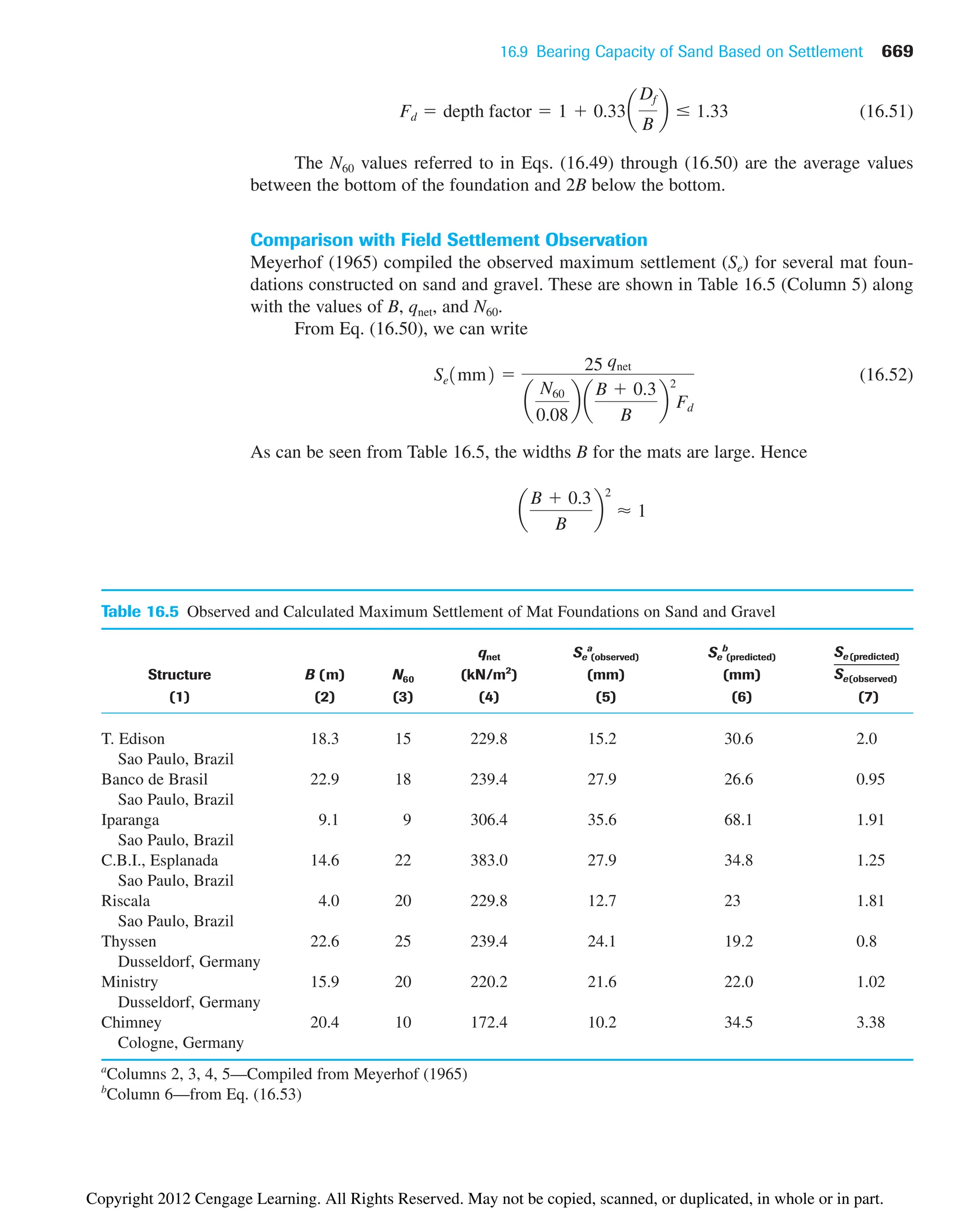 16.9 Bearing Capacity of Sand Based on Settlement 669
Table 16.5 Observed and Calculated Maximum Settlement of Mat Foundations on Sand and Gravel
qnet Se
a
(observed) Se
b
(predicted)
Structure B (m) N60 (kN/m2
) (mm) (mm)
(1) (2) (3) (4) (5) (6) (7)
T. Edison 18.3 15 229.8 15.2 30.6 2.0
Sao Paulo, Brazil
Banco de Brasil 22.9 18 239.4 27.9 26.6 0.95
Sao Paulo, Brazil
Iparanga 9.1 9 306.4 35.6 68.1 1.91
Sao Paulo, Brazil
C.B.I., Esplanada 14.6 22 383.0 27.9 34.8 1.25
Sao Paulo, Brazil
Riscala 4.0 20 229.8 12.7 23 1.81
Sao Paulo, Brazil
Thyssen 22.6 25 239.4 24.1 19.2 0.8
Dusseldorf, Germany
Ministry 15.9 20 220.2 21.6 22.0 1.02
Dusseldorf, Germany
Chimney 20.4 10 172.4 10.2 34.5 3.38
Cologne, Germany
a
Columns 2, 3, 4, 5—Compiled from Meyerhof (1965)
b
Column 6—from Eq. (16.53)
Se (predicted)
Se(observed)
(16.51)
The N60 values referred to in Eqs. (16.49) through (16.50) are the average values
between the bottom of the foundation and 2B below the bottom.
Comparison with Field Settlement Observation
Meyerhof (1965) compiled the observed maximum settlement (Se) for several mat foun-
dations constructed on sand and gravel. These are shown in Table 16.5 (Column 5) along
with the values of B, qnet, and N60.
From Eq. (16.50), we can write
(16.52)
As can be seen from Table 16.5, the widths B for the mats are large. Hence
a
B  0.3
B
b
2
⬇ 1
Se1mm2 
25 qnet
a
N60
0.08
b a
B  0.3
B
b
2
Fd
Fd  depth factor  1  0.33a
Df
B
b ⱕ 1.33
Copyright 2012 Cengage Learning. All Rights Reserved. May not be copied, scanned, or duplicated, in whole or in part.
 