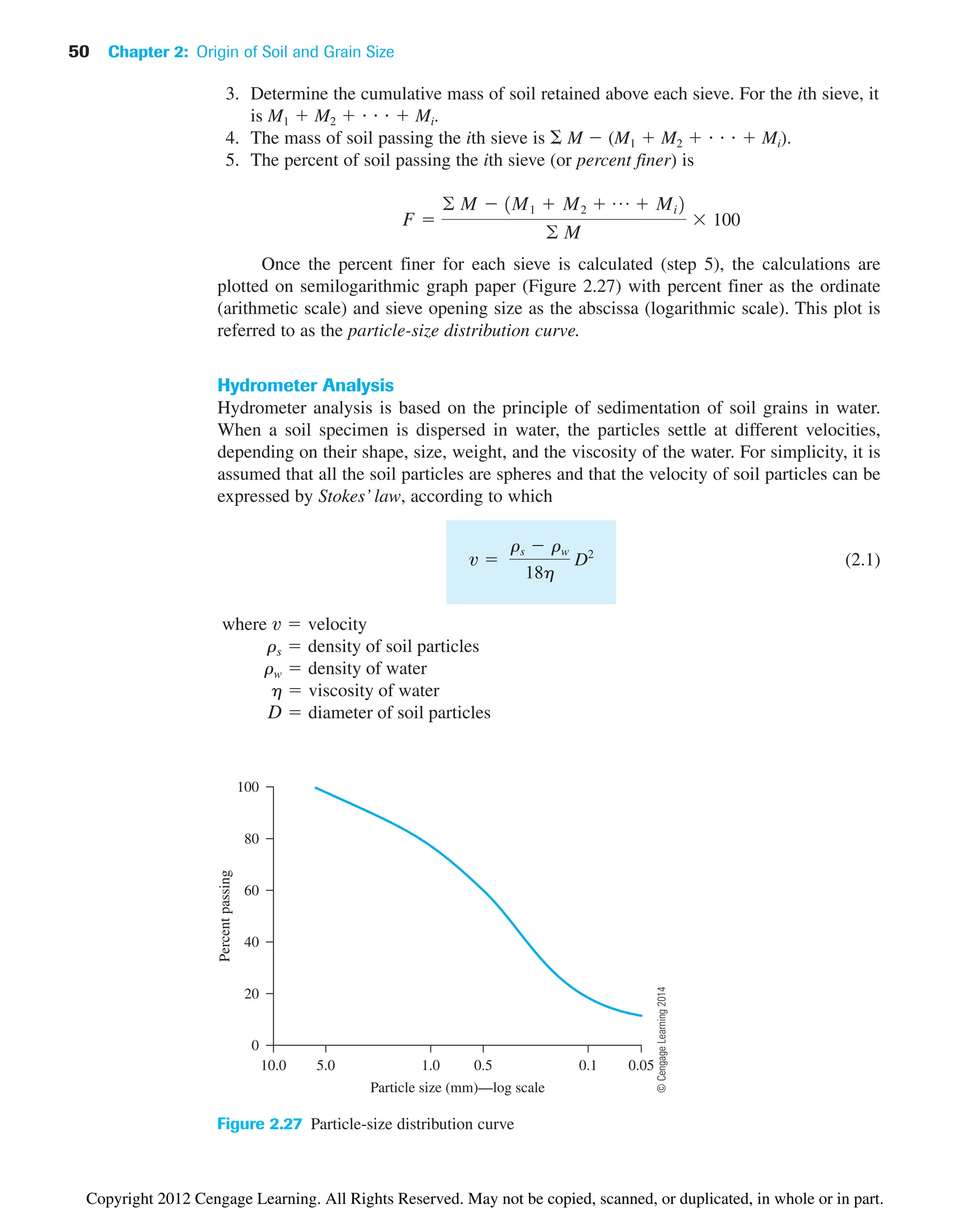 50 Chapter 2: Origin of Soil and Grain Size
3. Determine the cumulative mass of soil retained above each sieve. For the ith sieve, it
is M1  M2      Mi.
4. The mass of soil passing the ith sieve is  M  (M1  M2      Mi).
5. The percent of soil passing the ith sieve (or percent finer) is
Once the percent finer for each sieve is calculated (step 5), the calculations are
plotted on semilogarithmic graph paper (Figure 2.27) with percent finer as the ordinate
(arithmetic scale) and sieve opening size as the abscissa (logarithmic scale). This plot is
referred to as the particle-size distribution curve.
Hydrometer Analysis
Hydrometer analysis is based on the principle of sedimentation of soil grains in water.
When a soil specimen is dispersed in water, the particles settle at different velocities,
depending on their shape, size, weight, and the viscosity of the water. For simplicity, it is
assumed that all the soil particles are spheres and that the velocity of soil particles can be
expressed by Stokes’ law, according to which
(2.1)
D  diameter of soil particles
h  viscosity of water
rw  density of water
rs  density of soil particles
where v  velocity
v 
rs  rw
18h
D2
F 
兺 M  1M1  M2  p  Mi 2
兺 M
100
Particle size (mm)—log scale
Percent
passing
100
80
60
40
20
0
0.5
1.0
10.0 5.0 0.05
0.1
Figure 2.27 Particle-size distribution curve
©
Cengage
Learning
2014
Copyright 2012 Cengage Learning. All Rights Reserved. May not be copied, scanned, or duplicated, in whole or in part.
 