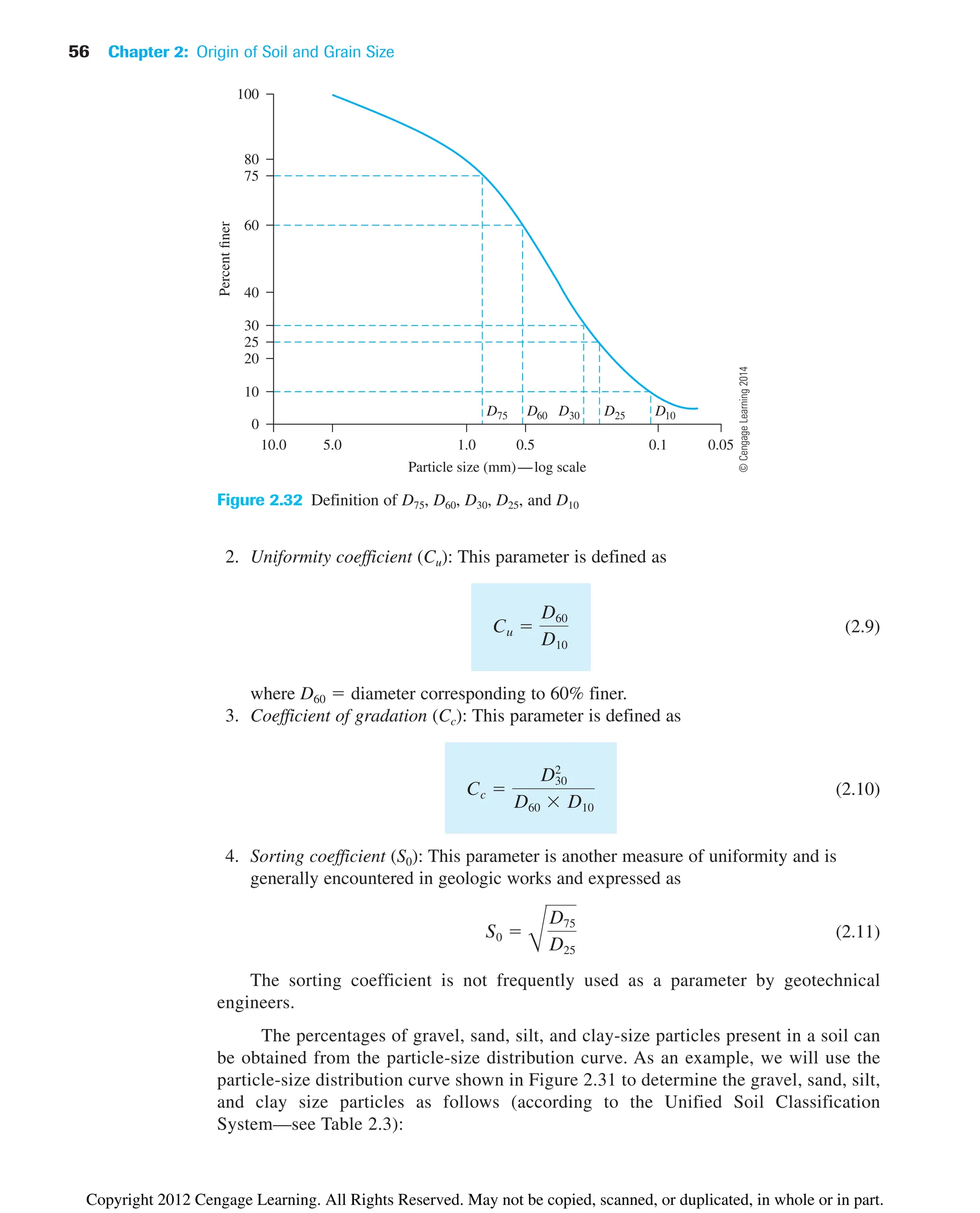 56 Chapter 2: Origin of Soil and Grain Size
2. Uniformity coefficient (Cu): This parameter is defined as
(2.9)
where D60  diameter corresponding to 60% finer.
3. Coefficient of gradation (Cc): This parameter is defined as
(2.10)
4. Sorting coefficient (S0): This parameter is another measure of uniformity and is
generally encountered in geologic works and expressed as
(2.11)
The sorting coefficient is not frequently used as a parameter by geotechnical
engineers.
The percentages of gravel, sand, silt, and clay-size particles present in a soil can
be obtained from the particle-size distribution curve. As an example, we will use the
particle-size distribution curve shown in Figure 2.31 to determine the gravel, sand, silt,
and clay size particles as follows (according to the Unified Soil Classification
System—see Table 2.3):
S0 
B
D75
D25
Cc 
D30
2
D60 D10
Cu 
D60
D10
Particle size (mm)—log scale
Percent
finer
100
80
60
40
30
25
75
20
10
0
0.5 0.1 0.05
1.0
10.0 5.0
D75 D30 D25 D10
D60
Figure 2.32 Definition of D75, D60, D30, D25, and D10
©
Cengage
Learning
2014
Copyright 2012 Cengage Learning. All Rights Reserved. May not be copied, scanned, or duplicated, in whole or in part.
 