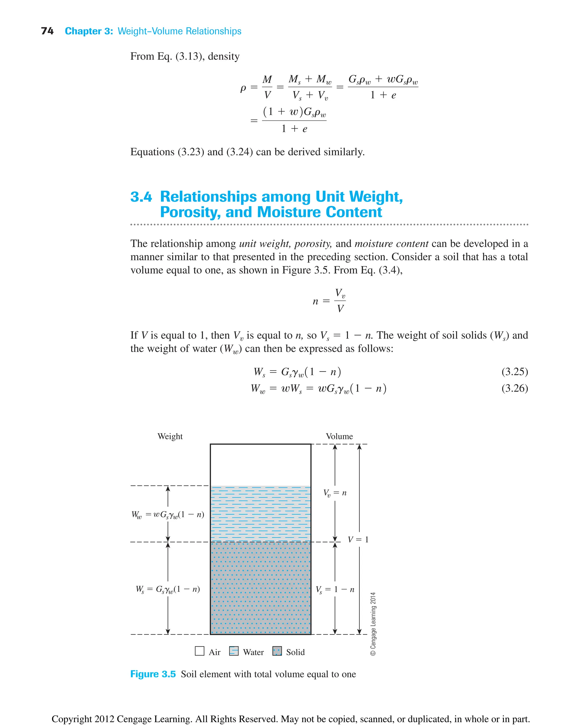 74 Chapter 3: Weight–Volume Relationships
From Eq. (3.13), density
Equations (3.23) and (3.24) can be derived similarly.
3.4 Relationships among Unit Weight,
Porosity, and Moisture Content
The relationship among unit weight, porosity, and moisture content can be developed in a
manner similar to that presented in the preceding section. Consider a soil that has a total
volume equal to one, as shown in Figure 3.5. From Eq. (3.4),
If V is equal to 1, then Vv is equal to n, so Vs  1  n. The weight of soil solids (Ws) and
the weight of water (Ww) can then be expressed as follows:
(3.25)
(3.26)
Ww  wWs  wGsgw11  n2
Ws  Gsgw11  n2
n 
Vv
V

11  w2Gsrw
1  e
r 
M
V

Ms  Mw
Vs  Vv

Gsrw  wGsrw
1  e
W  Gsg (1  n)
Ws  Gsg (1  n) Vs  1  n
V  1
V  n
Weight Volume
Air Water Solid
Figure 3.5 Soil element with total volume equal to one
©
Cengage
Learning
2014
Copyright 2012 Cengage Learning. All Rights Reserved. May not be copied, scanned, or duplicated, in whole or in part.
 