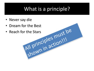 What is a principle?
• Never say die
• Dream for the Best
• Reach for the Stars
 