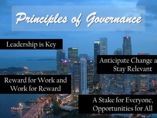 Principles of Governance
Leadership is Key

                        Anticipate Change a
                            Stay Relevant
Reward for Work and
 Work for Reward
                      A Stake for Everyone,
                      Opportunities for All
 