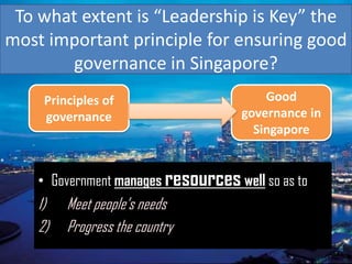 To what extent is “Leadership is Key” the
most important principle for ensuring good
       governance in Singapore?
     Principles of                       Good
     governance                      governance in
                                       Singapore


    • Government manages resources well so as to
    1)   Meet people’s needs
    2)   Progress the country
 
