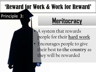 ‘Reward for Work & Work for Reward’
Principle 3:
                        Meritocracy
               • A system that rewards
                 people for their hard work
               • Encourages people to give
                 their best to the country as
                 they will be rewarded
 