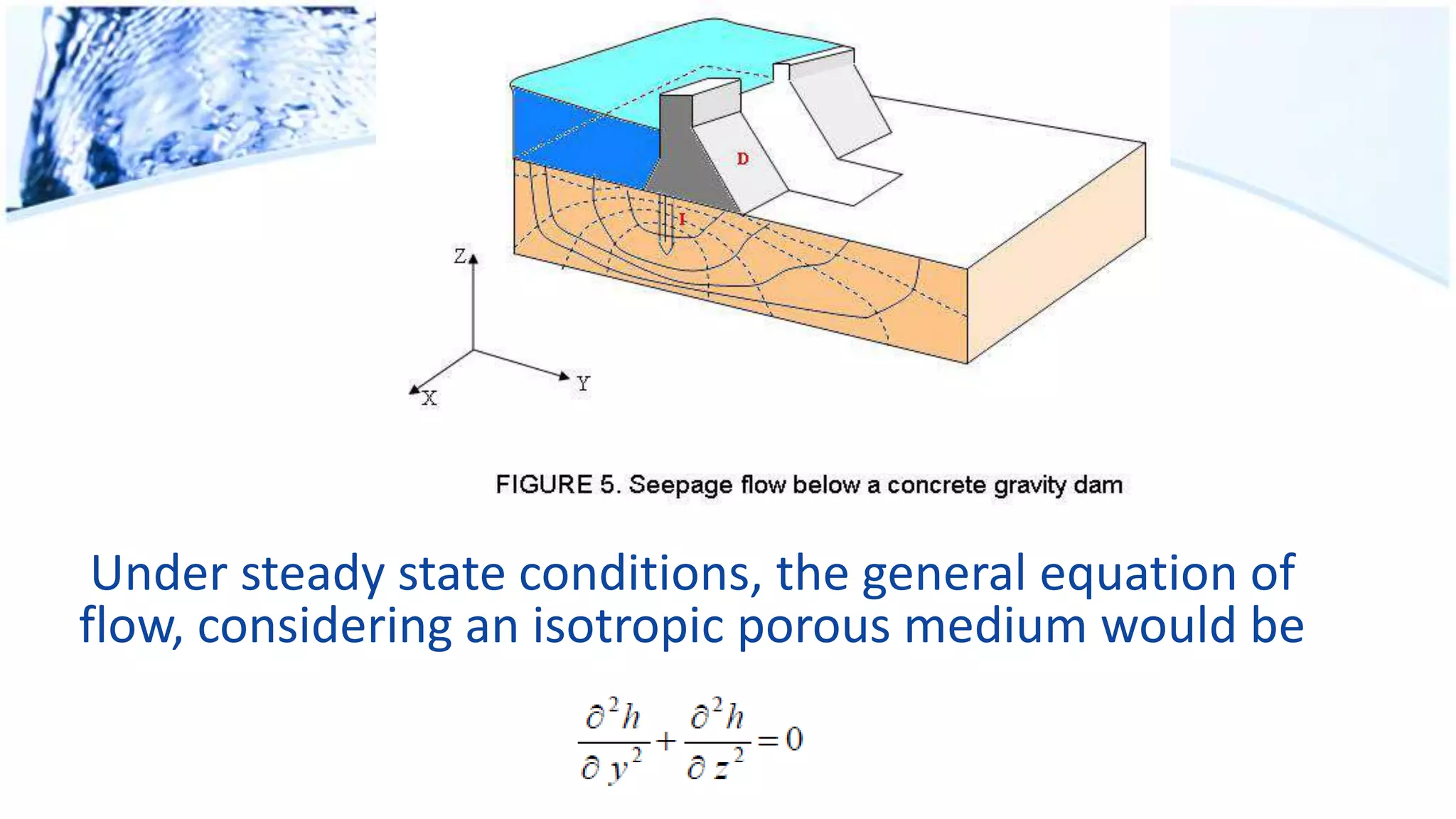 Under steady state conditions, the general equation of
flow, considering an isotropic porous medium would be
 